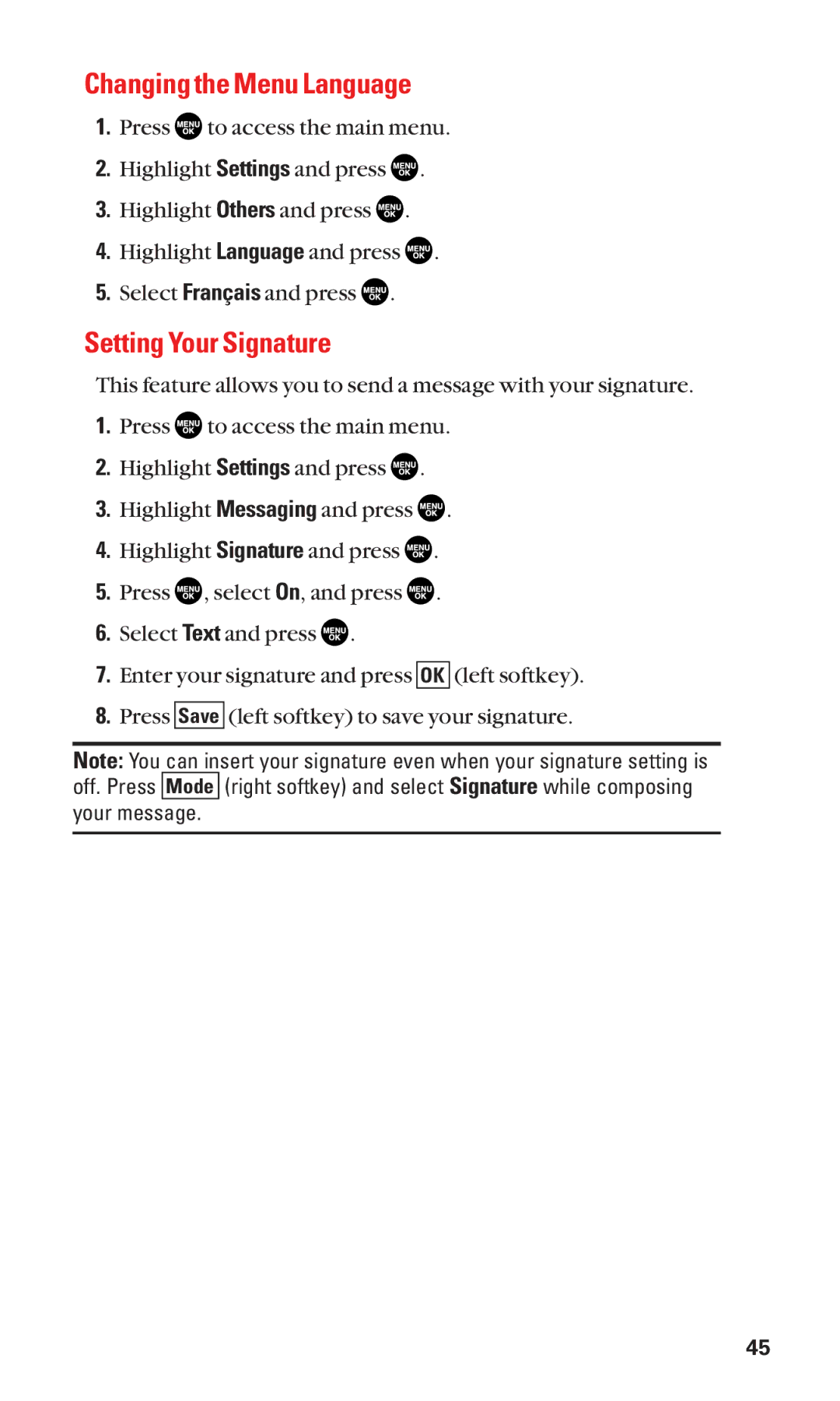 Sanyo SCP-2300 manual Changing the Menu Language, Setting Your Signature 