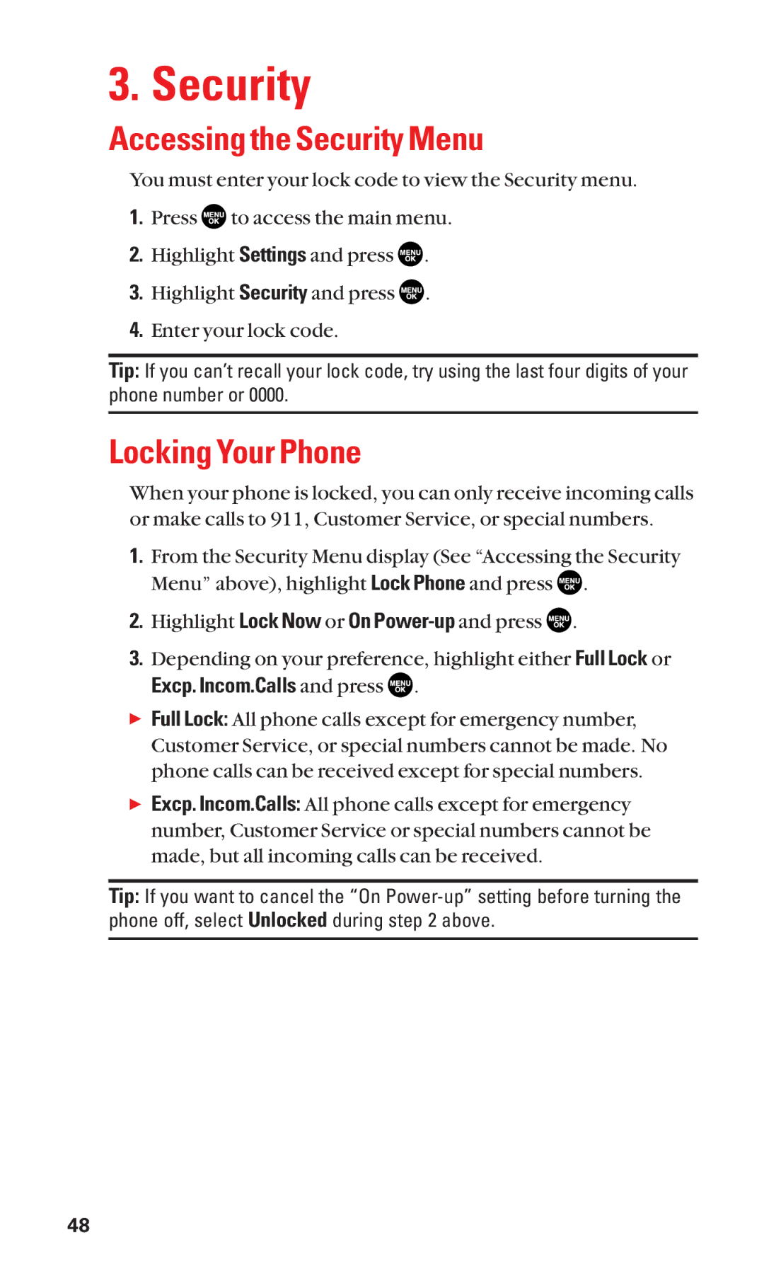 Sanyo SCP-2300 manual Accessing the Security Menu, Locking Your Phone, Excp. Incom.Calls and press 