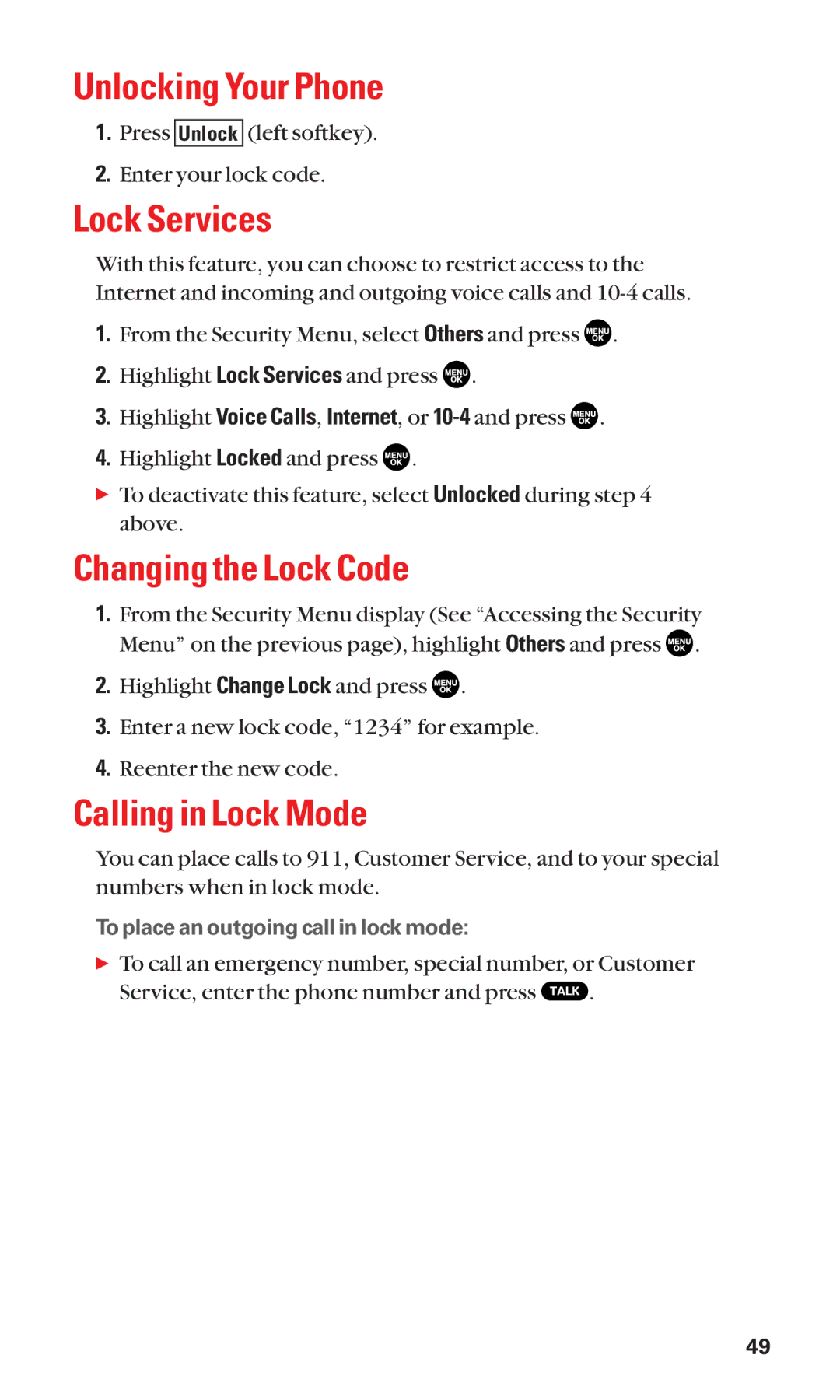 Sanyo SCP-2300 manual Unlocking Your Phone, Lock Services, Changing the Lock Code, Calling in Lock Mode 