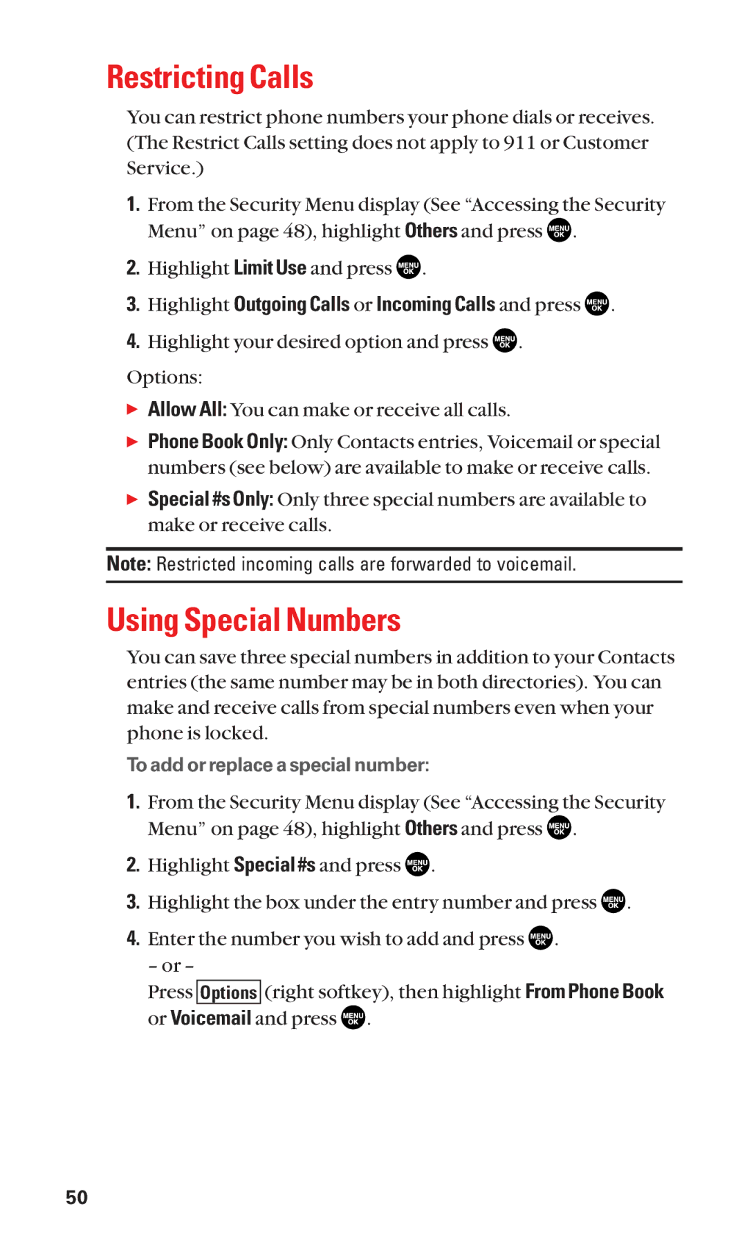 Sanyo SCP-2300 manual Restricting Calls, Using Special Numbers, Highlight Outgoing Calls or Incoming Calls and press 