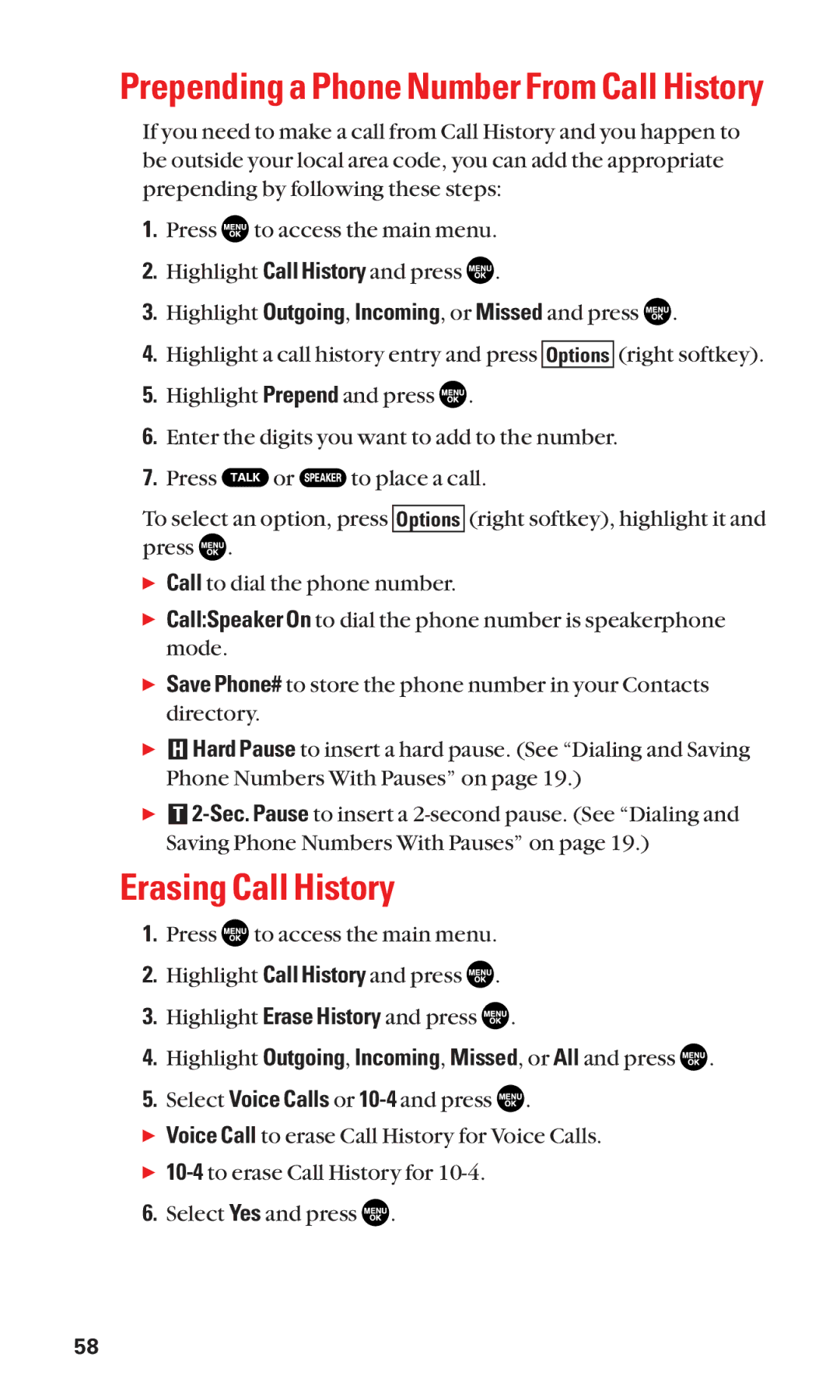 Sanyo SCP-2300 manual Erasing Call History, Prepending a Phone Number From Call History 