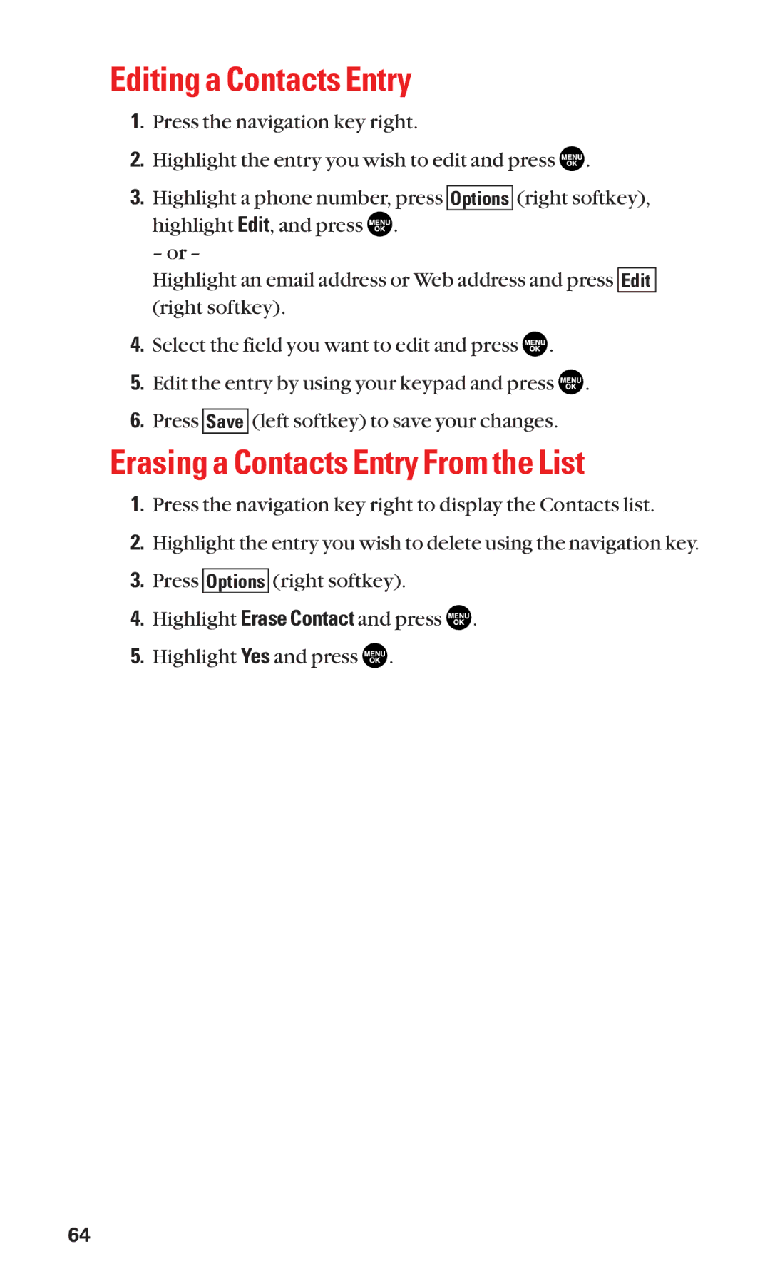 Sanyo SCP-2300 manual Editing a Contacts Entry, Erasing a Contacts Entry From the List 