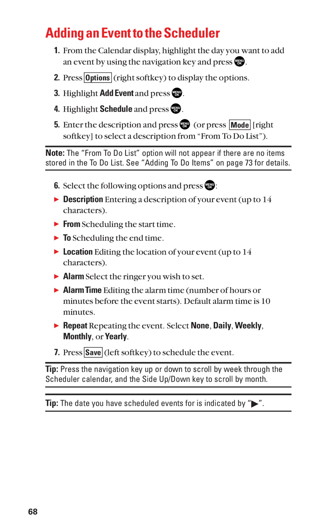 Sanyo SCP-2300 manual Adding an Event to the Scheduler, Monthly, or Yearly 