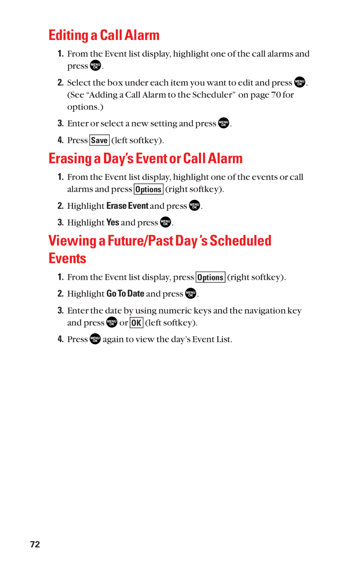 Sanyo SCP-2300 Editing a Call Alarm, Erasing a Day’s Event or Call Alarm, Viewing a Future/Past Day ’s Scheduled Events 