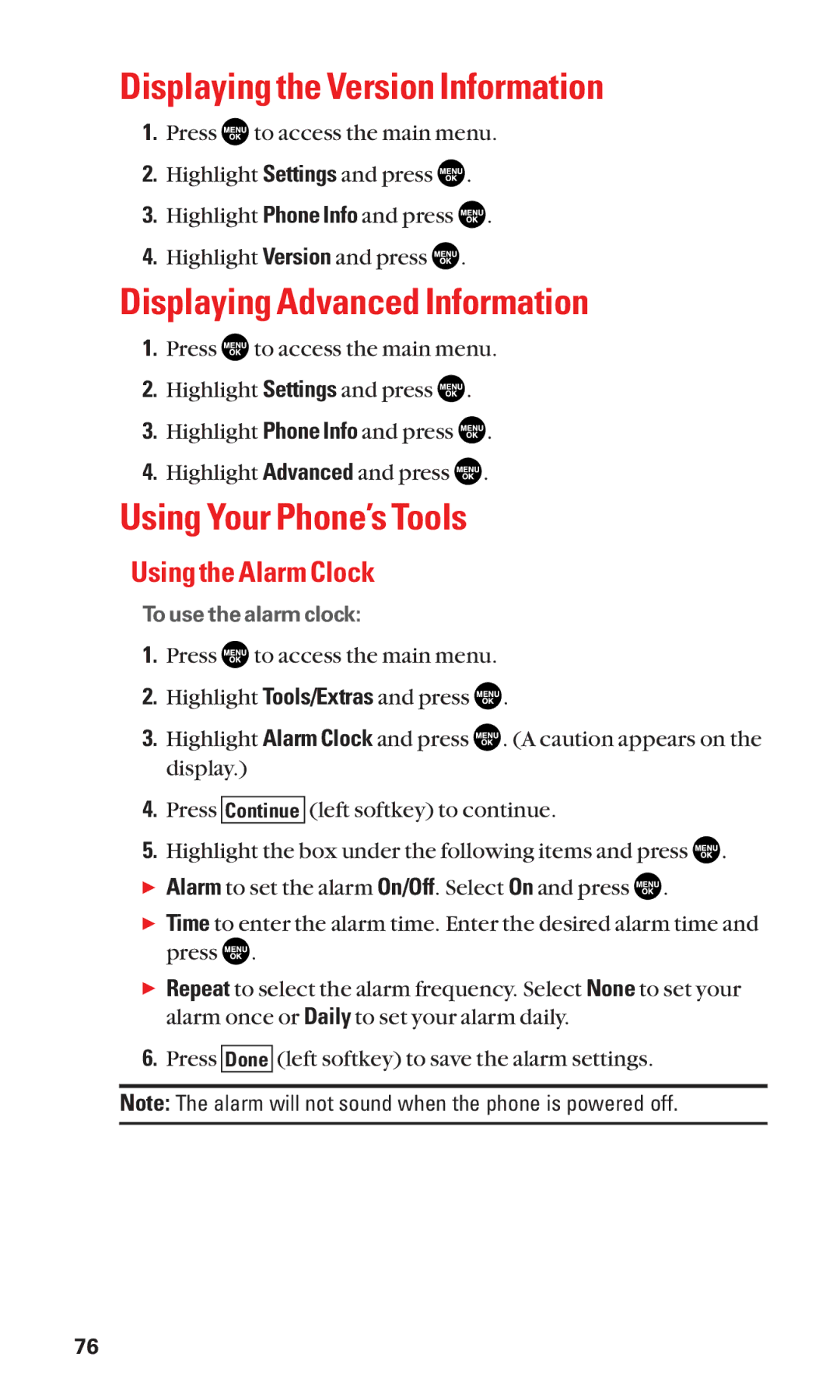 Sanyo SCP-2300 manual Displaying the Version Information, Displaying Advanced Information, Using Your Phone’s Tools 