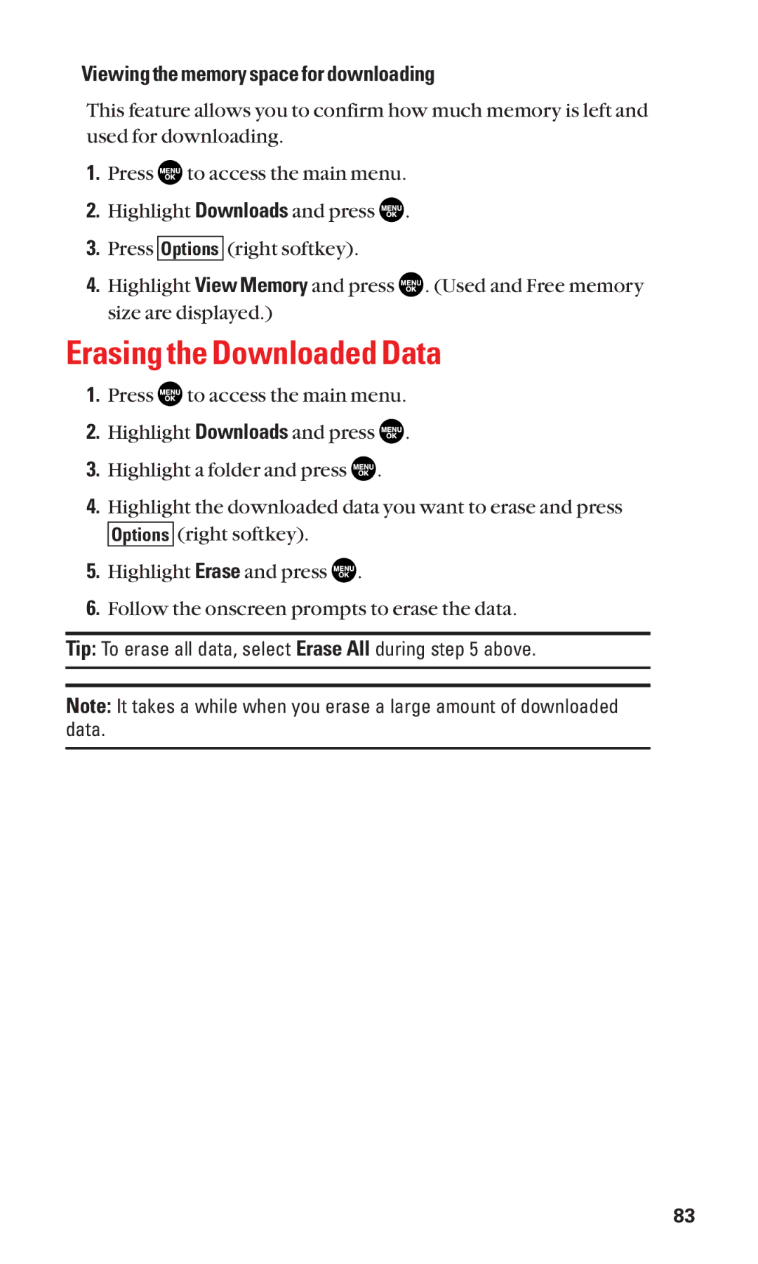 Sanyo SCP-2300 manual Erasing the Downloaded Data, Viewing the memory space for downloading 