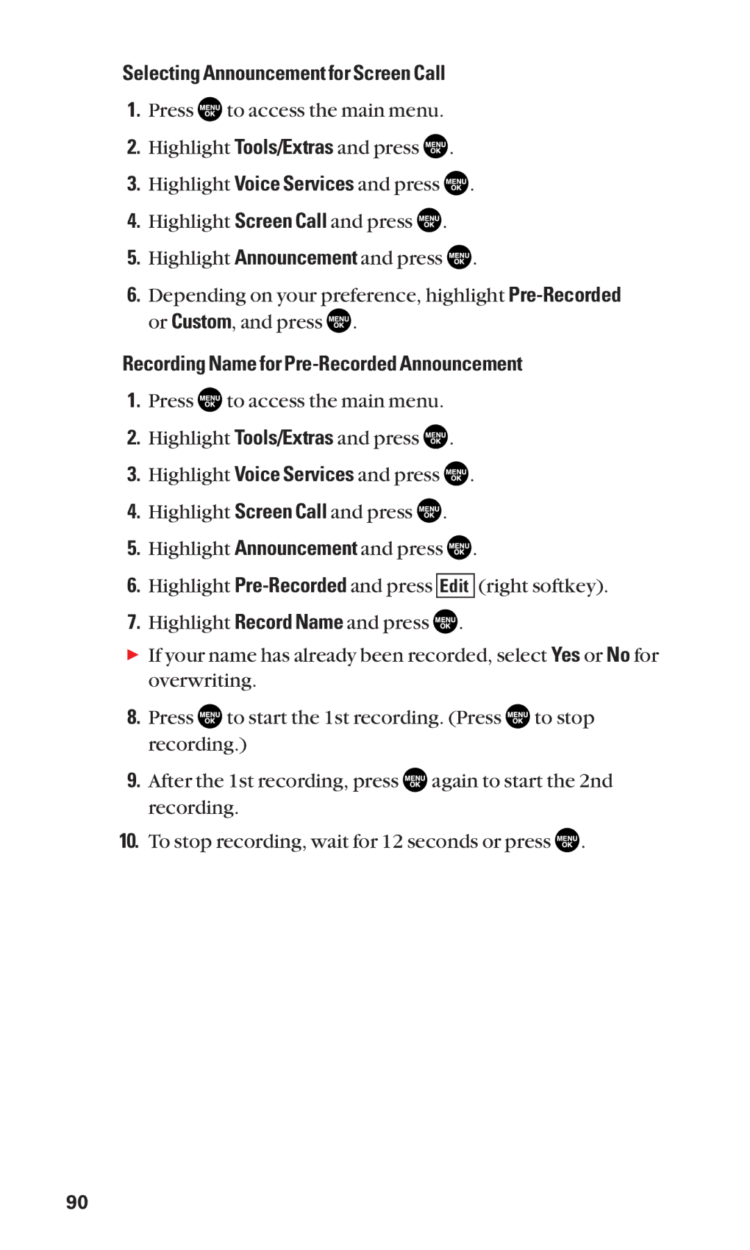 Sanyo SCP-2300 manual Selecting Announcement for Screen Call, Recording Name for Pre-Recorded Announcement 