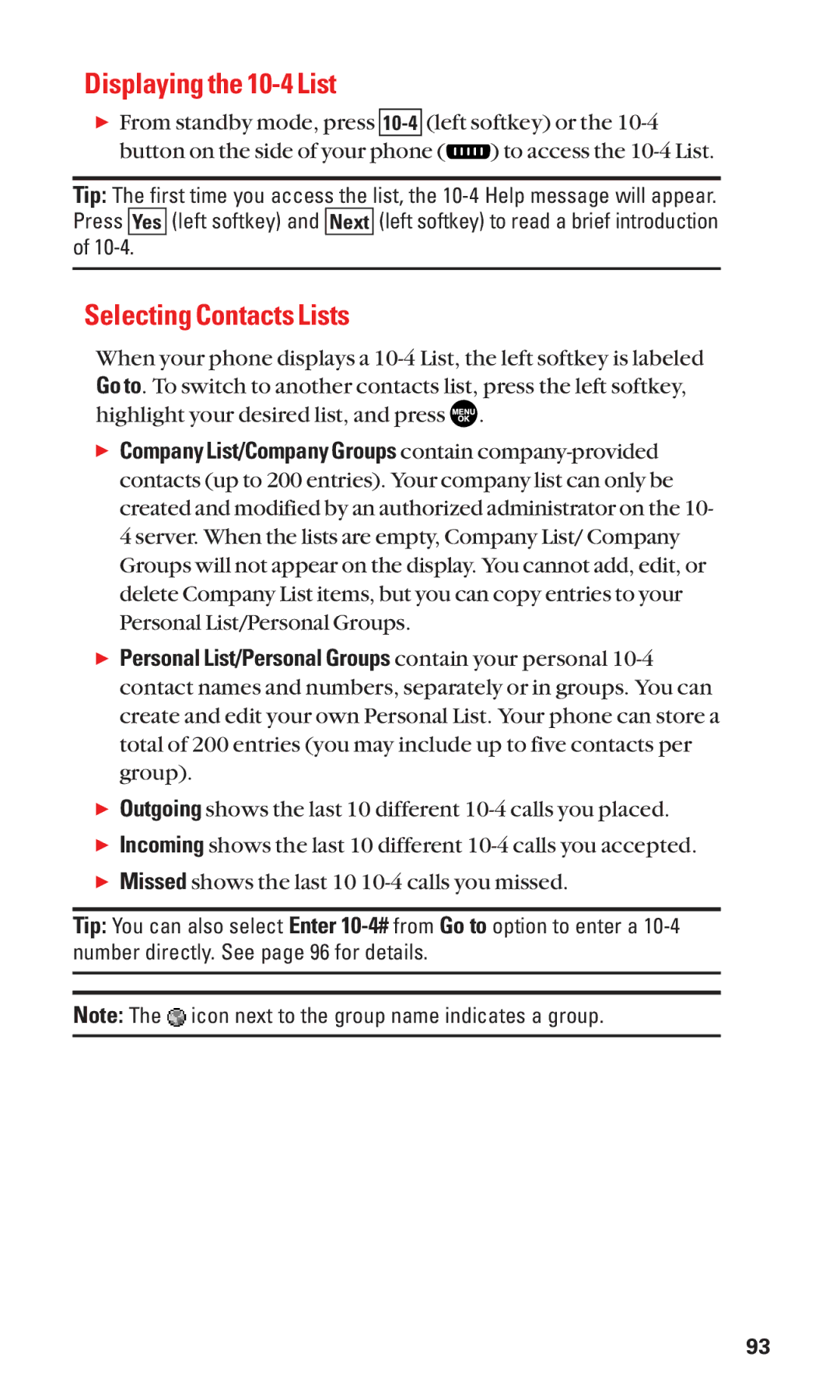 Sanyo SCP-2300 manual Displaying the 10-4 List, Selecting Contacts Lists 