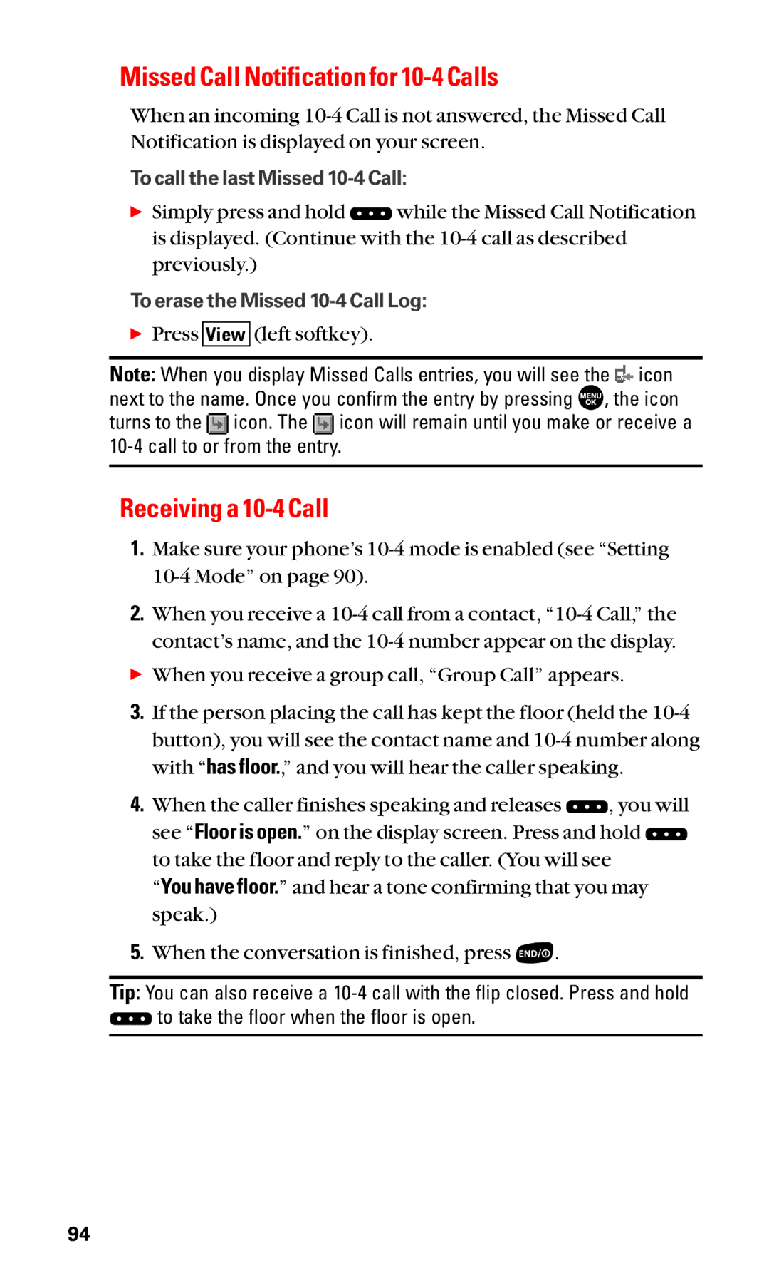 Sanyo SCP-2400 manual Missed Call Notification for 10-4 Calls, Receiving a 10-4 Call 