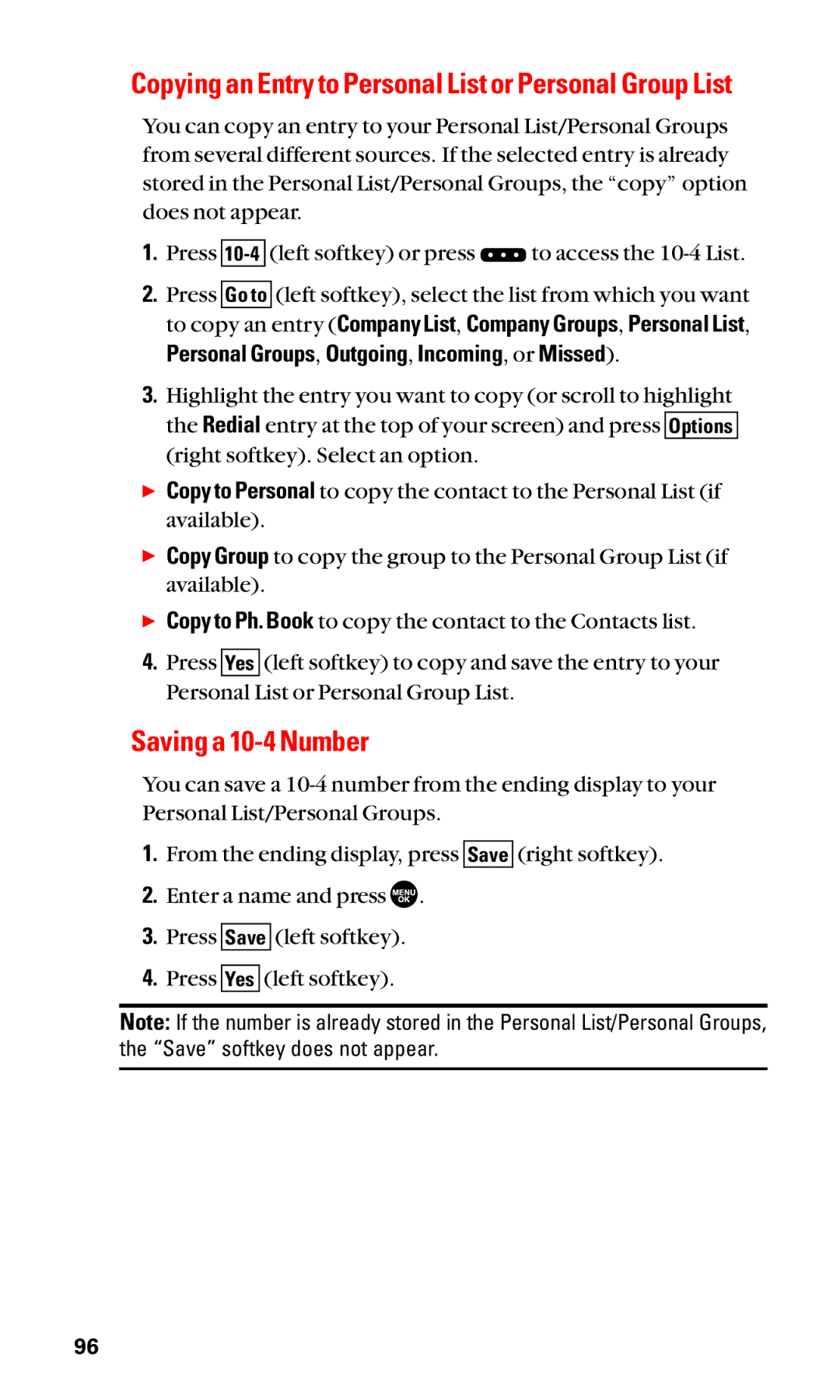 Sanyo SCP-2400 manual Saving a 10-4 Number, Copying an Entry to Personal List or Personal Group List 