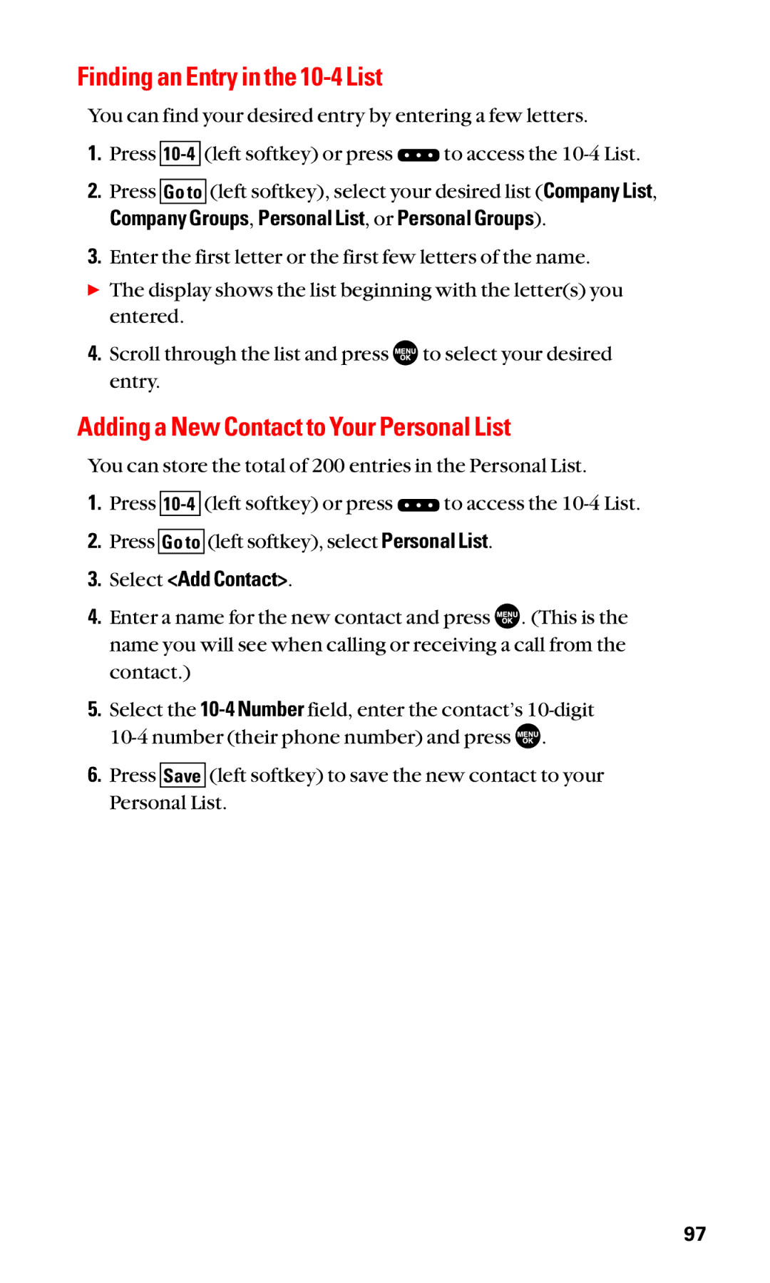 Sanyo SCP-2400 manual Finding an Entry in the 10-4 List, Adding a New Contact to Your Personal List 