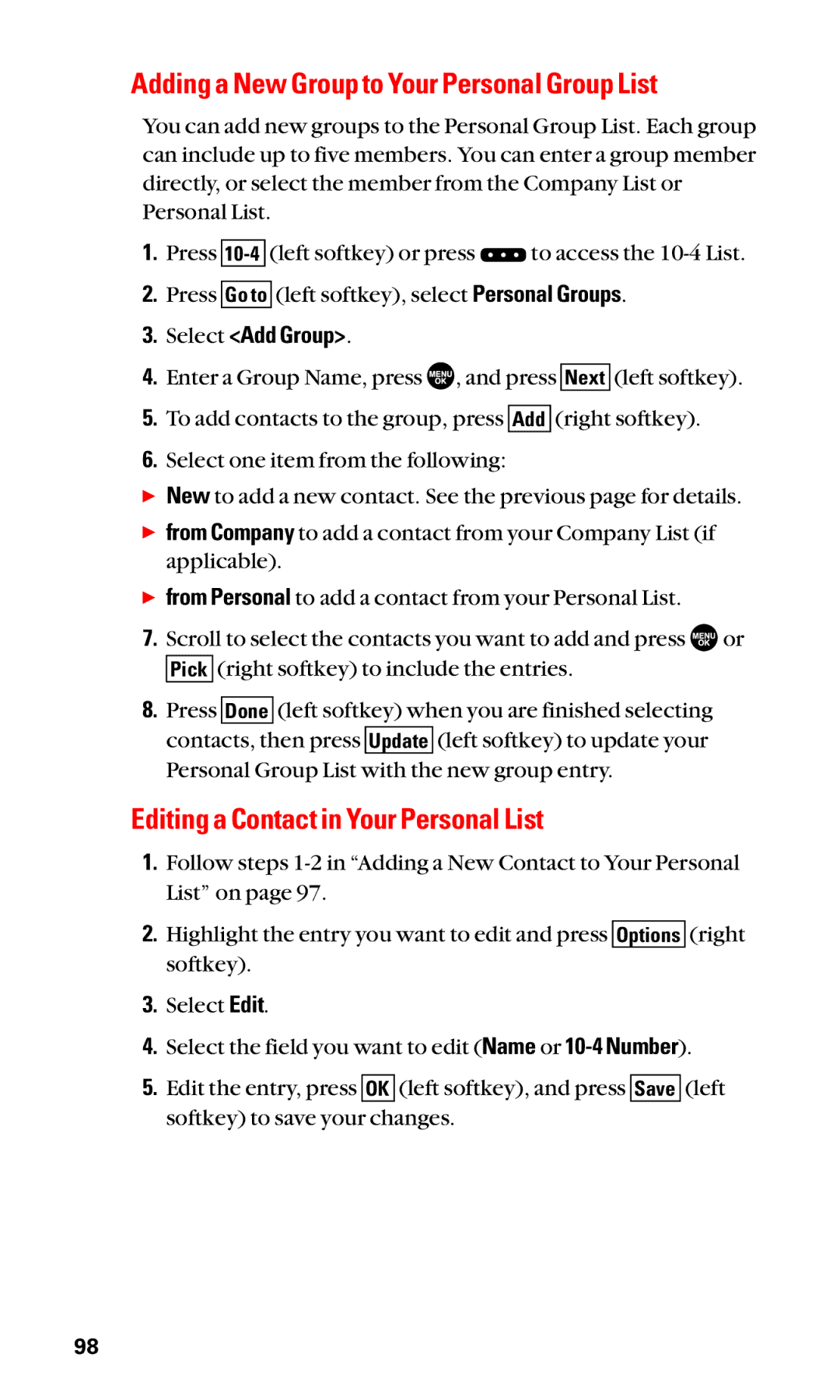 Sanyo SCP-2400 Adding a New Group to Your Personal Group List, Editing a Contact in Your Personal List, Select Add Group 