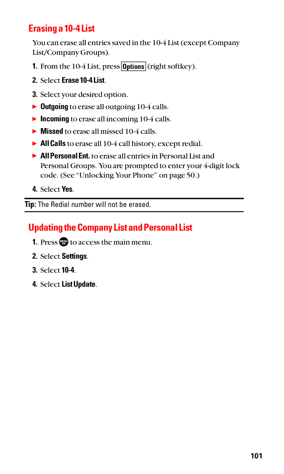 Sanyo SCP-2400 manual Erasing a 10-4 List, Updating the Company List and Personal List, Select Erase 10-4 List 