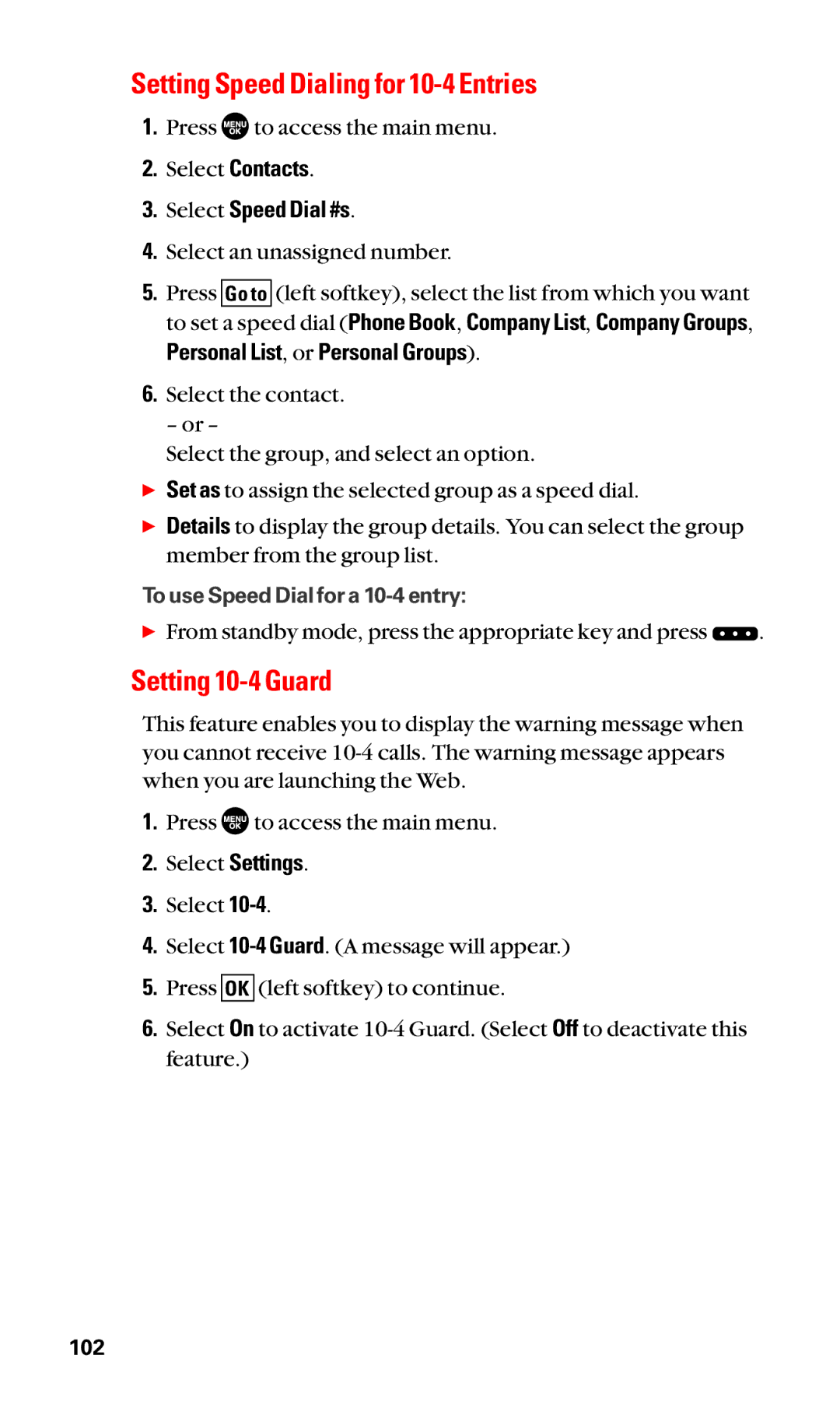 Sanyo SCP-2400 manual Setting Speed Dialing for 10-4 Entries, Setting 10-4 Guard 