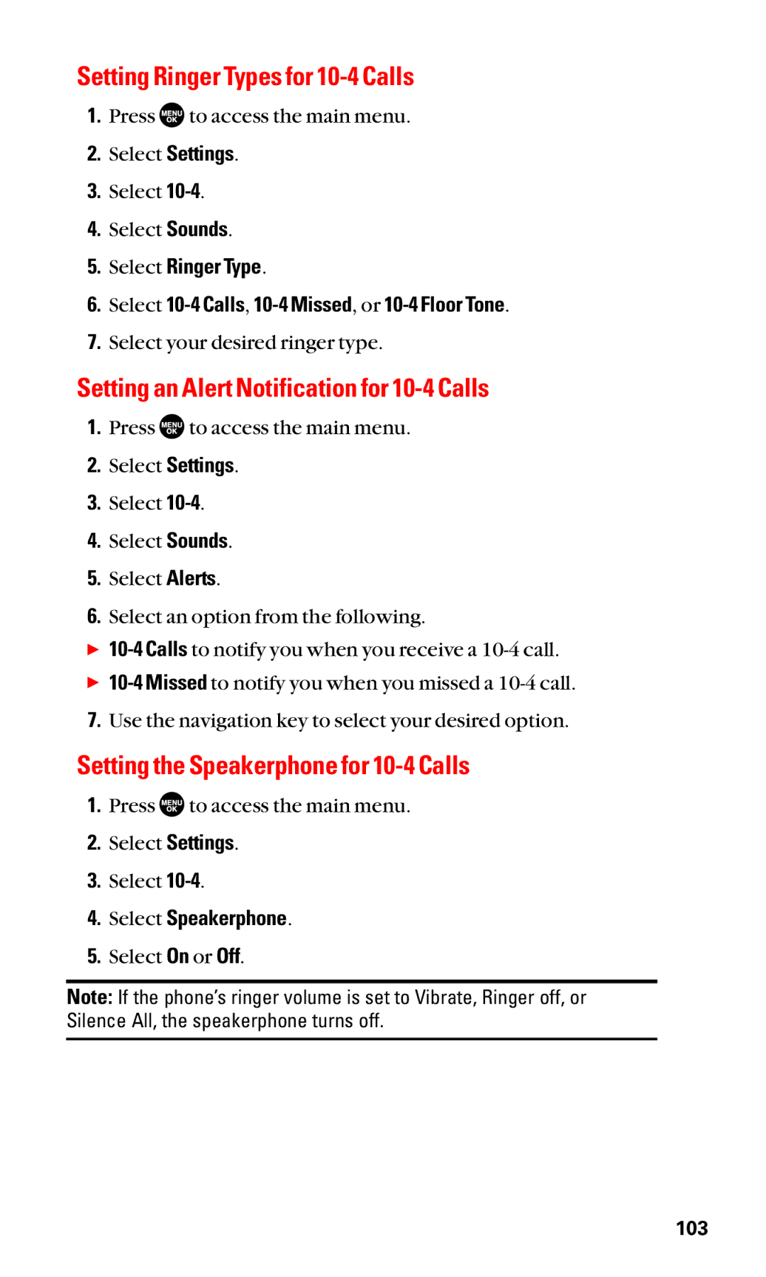 Sanyo SCP-2400 Setting Ringer Types for 10-4 Calls, Setting an Alert Notification for 10-4 Calls, Select Speakerphone 