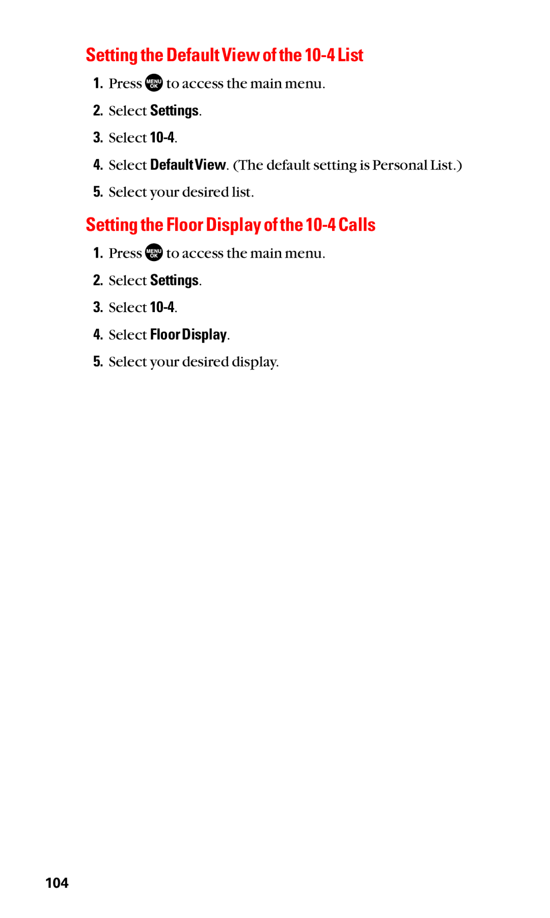 Sanyo SCP-2400 manual Setting the Default View of the 10-4 List, Setting the Floor Display of the 10-4 Calls 