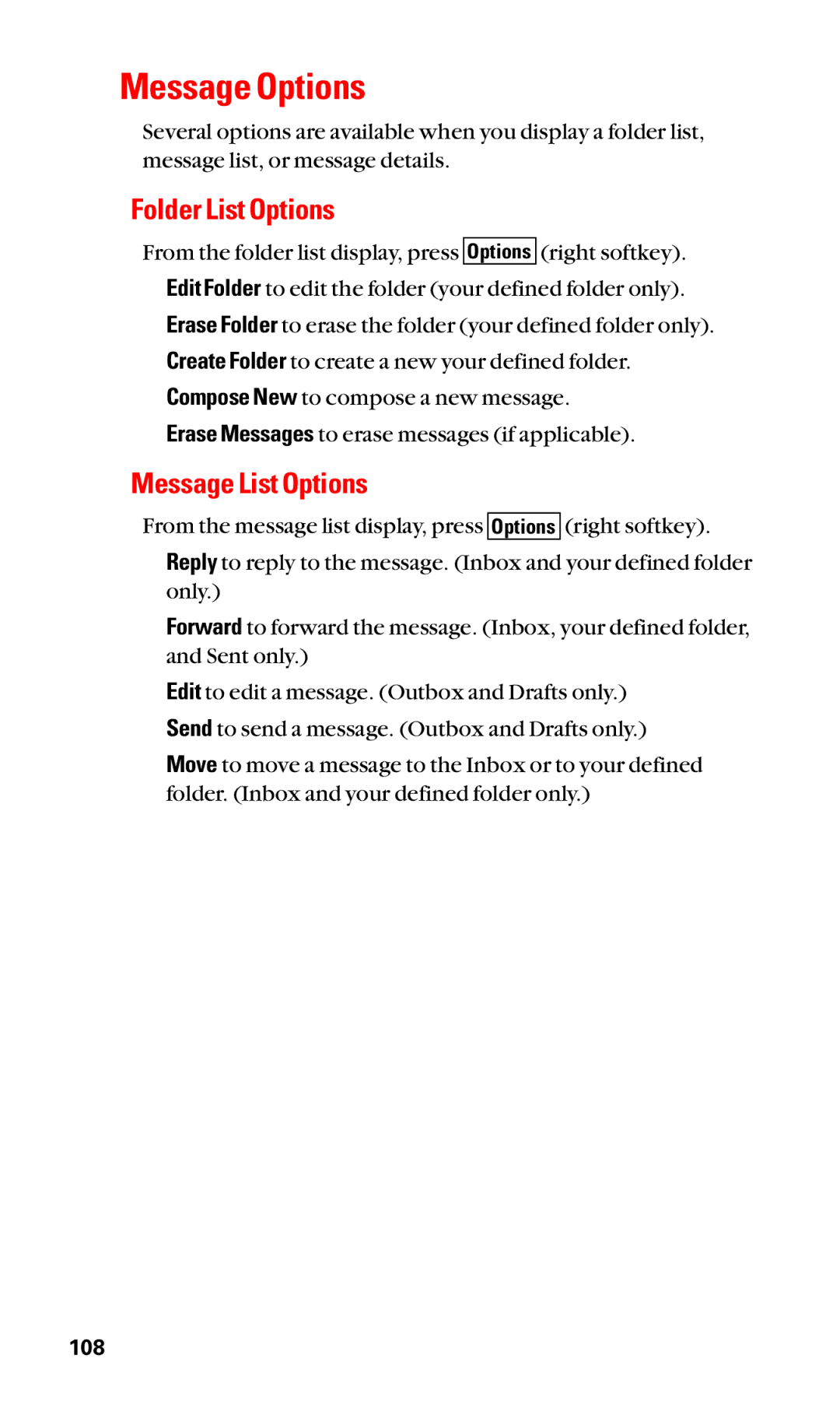 Sanyo SCP-2400 manual Message Options, Folder List Options, Message List Options 