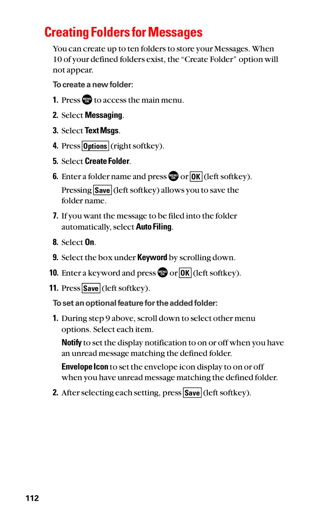 Sanyo SCP-2400 manual Creating Folders for Messages, Select Messaging Select Text Msgs, Select Create Folder 