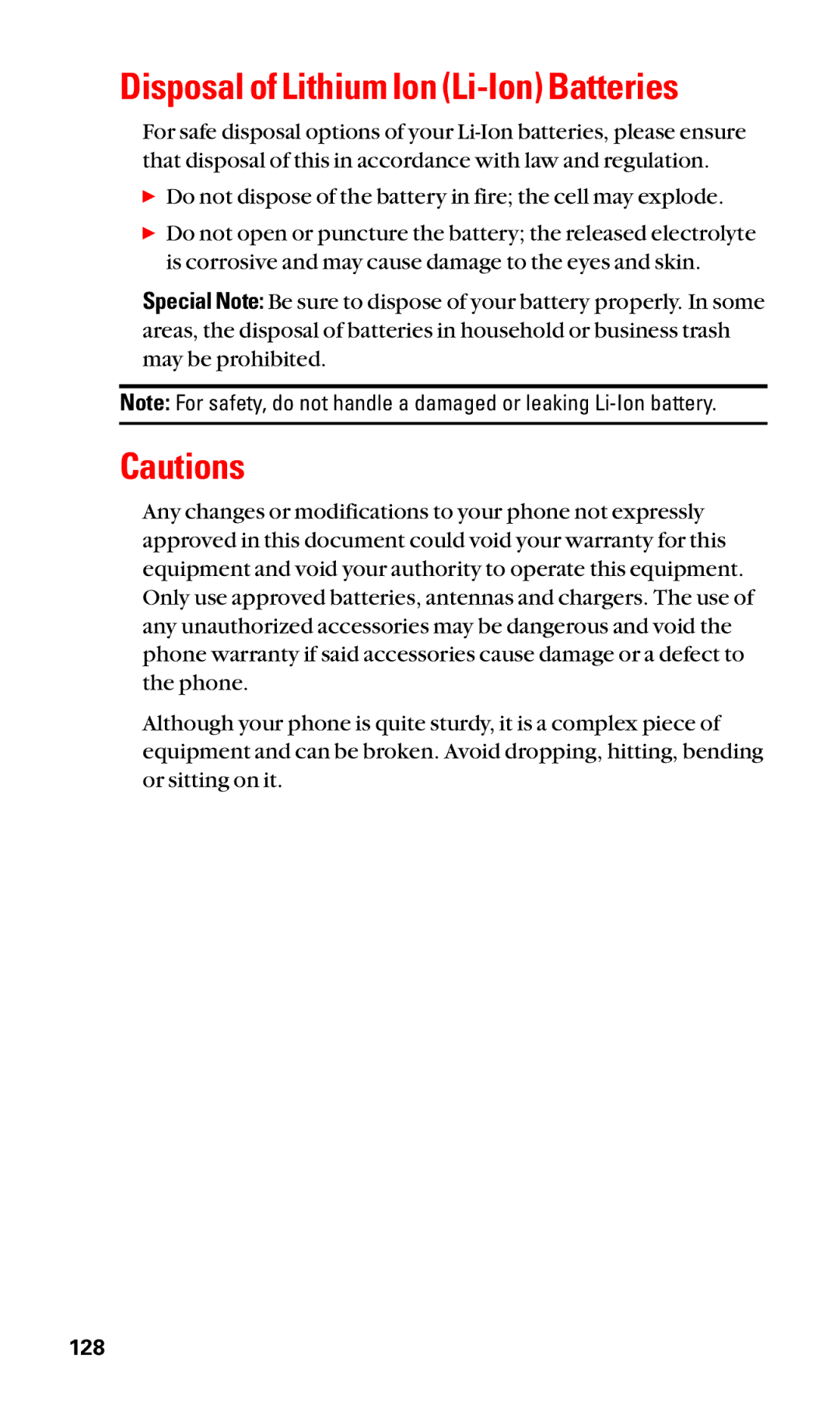 Sanyo SCP-2400 manual Disposal of Lithium Ion Li-Ion Batteries, 128 