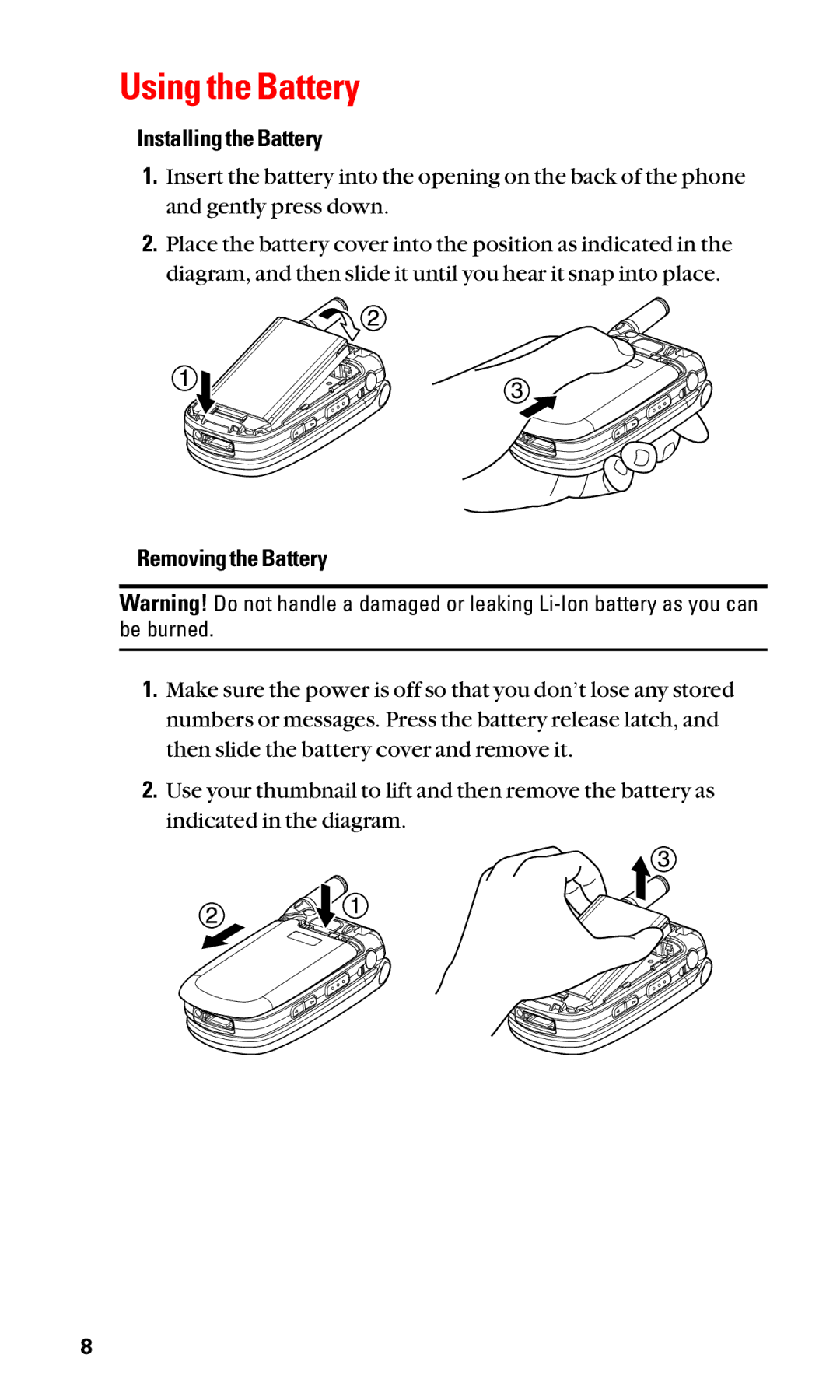 Sanyo SCP-2400 manual Using the Battery, Installing the Battery, Removing the Battery 