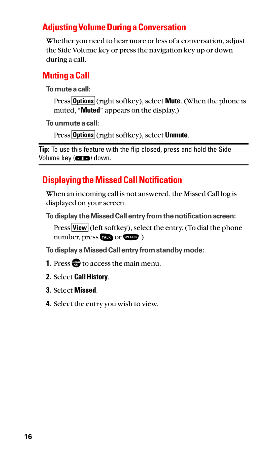 Sanyo SCP-2400 manual Adjusting Volume During a Conversation, Muting a Call, Displaying the Missed Call Notification 