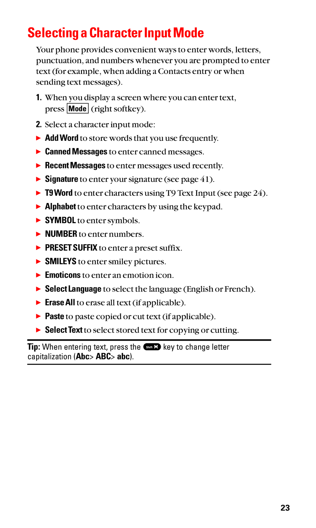 Sanyo SCP-2400 manual Selecting a Character Input Mode 