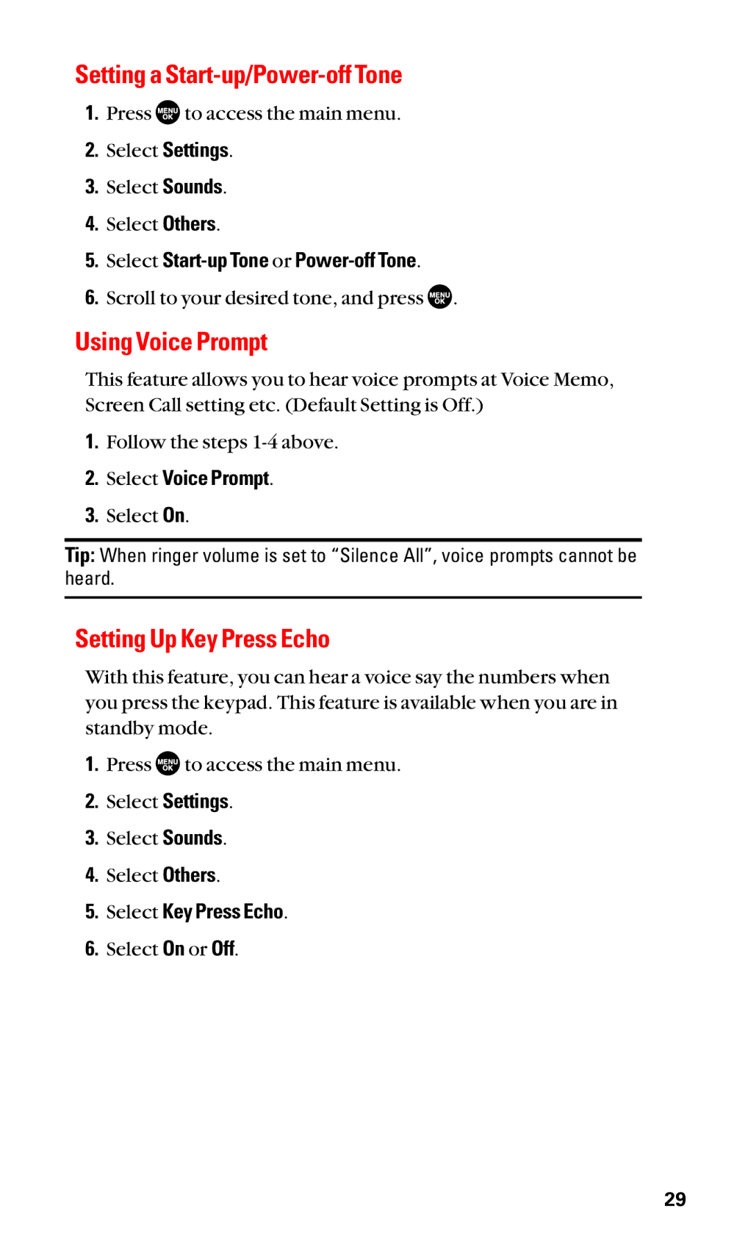 Sanyo SCP-2400 manual Setting a Start-up/Power-off Tone, Using Voice Prompt, Setting Up Key Press Echo 