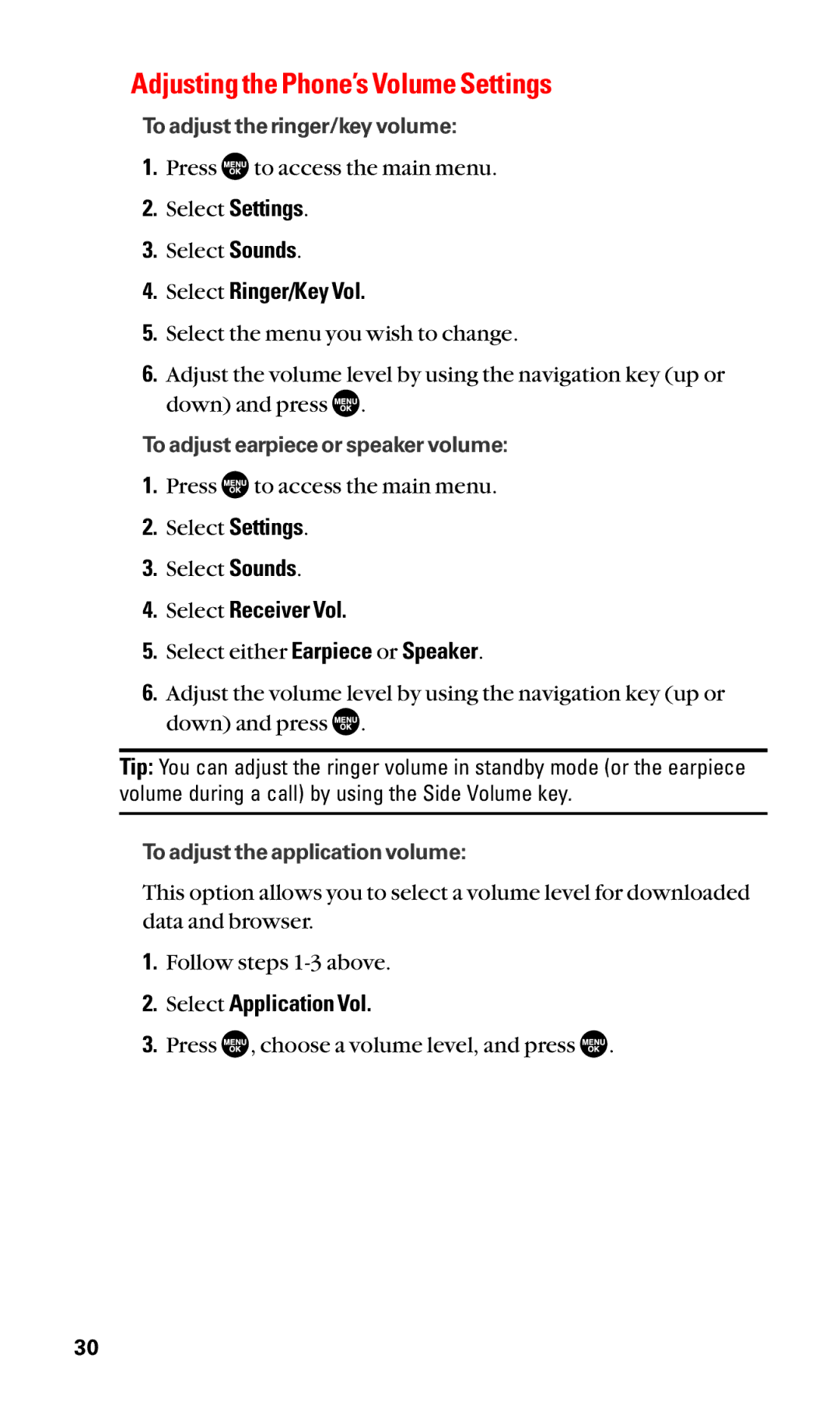 Sanyo SCP-2400 Adjusting the Phone’s Volume Settings, Select Ringer/Key Vol, Select Receiver Vol, Select Application Vol 