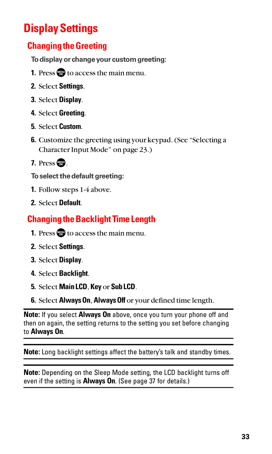 Sanyo SCP-2400 manual Display Settings, Changing the Greeting, Changing the Backlight Time Length 