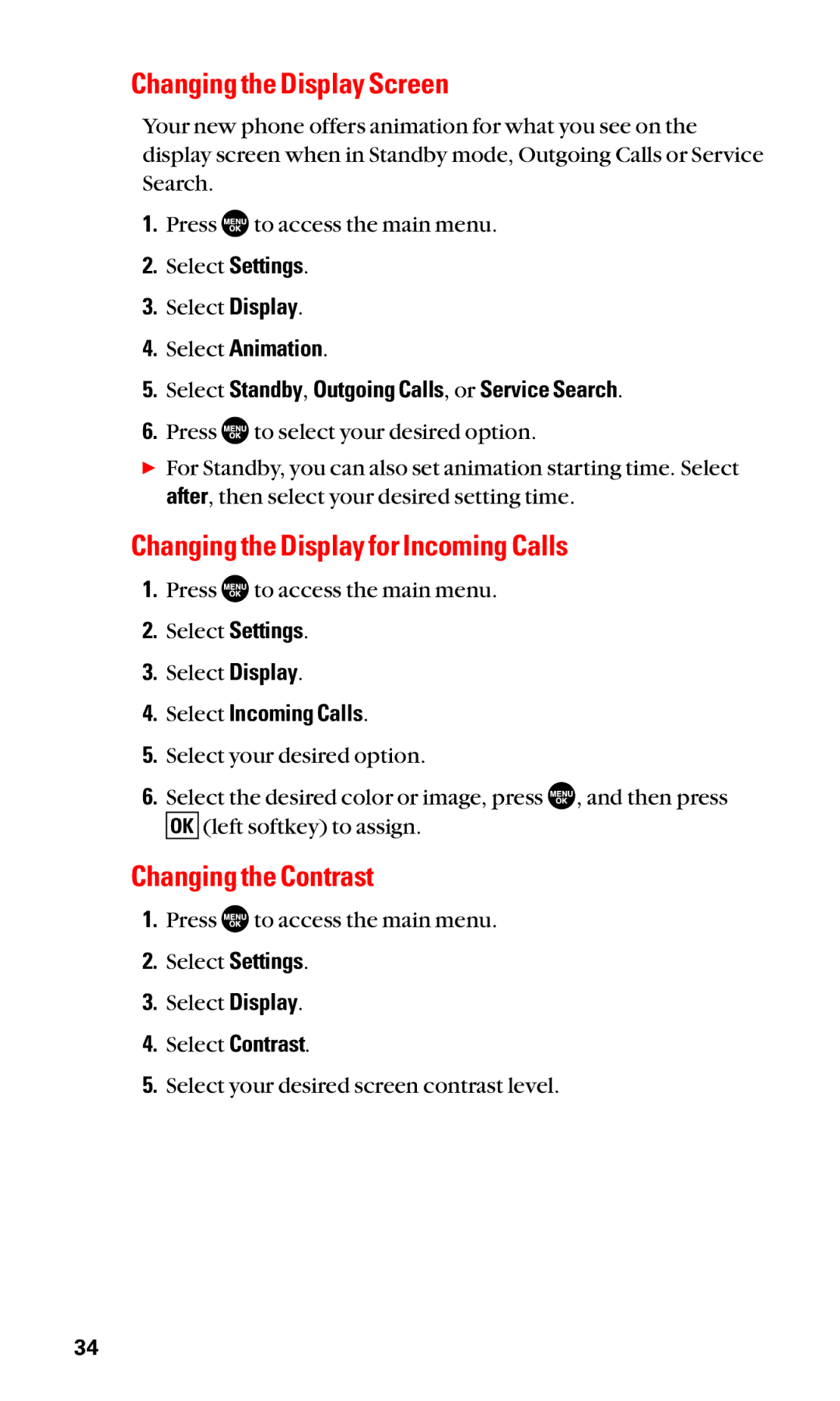 Sanyo SCP-2400 manual Changing the Display Screen, Changing the Display for Incoming Calls, Changing the Contrast 