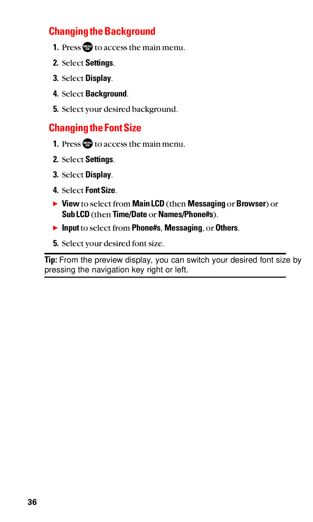 Sanyo SCP-2400 manual Changing the Background, Changing the Font Size, Select Background, Select Font Size 