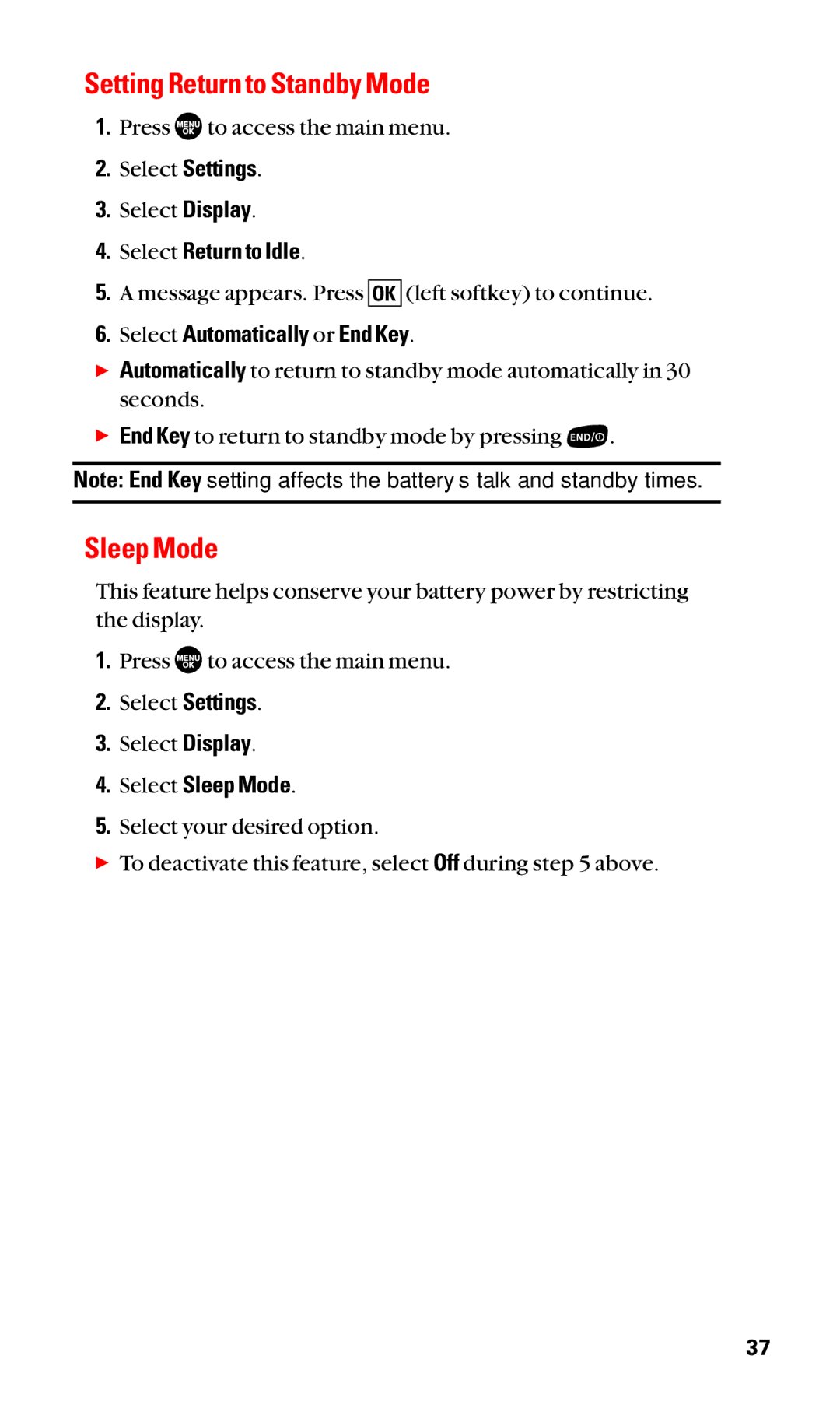 Sanyo SCP-2400 manual Setting Return to Standby Mode, Sleep Mode, Select Return to Idle, Select Automatically or End Key 