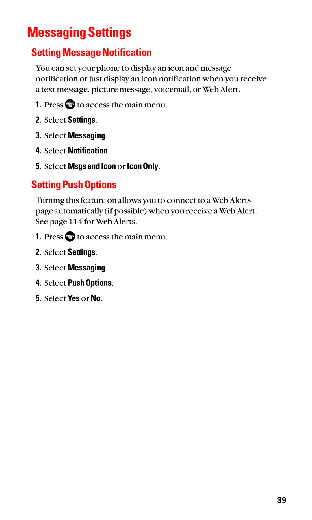 Sanyo SCP-2400 manual Messaging Settings, Setting Message Notification, Setting Push Options 