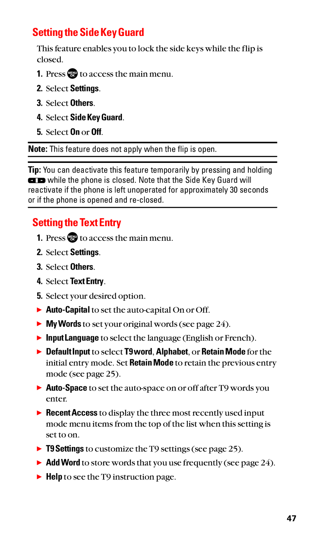 Sanyo SCP-2400 manual Setting the Side Key Guard, Setting the Text Entry, Select Side Key Guard 