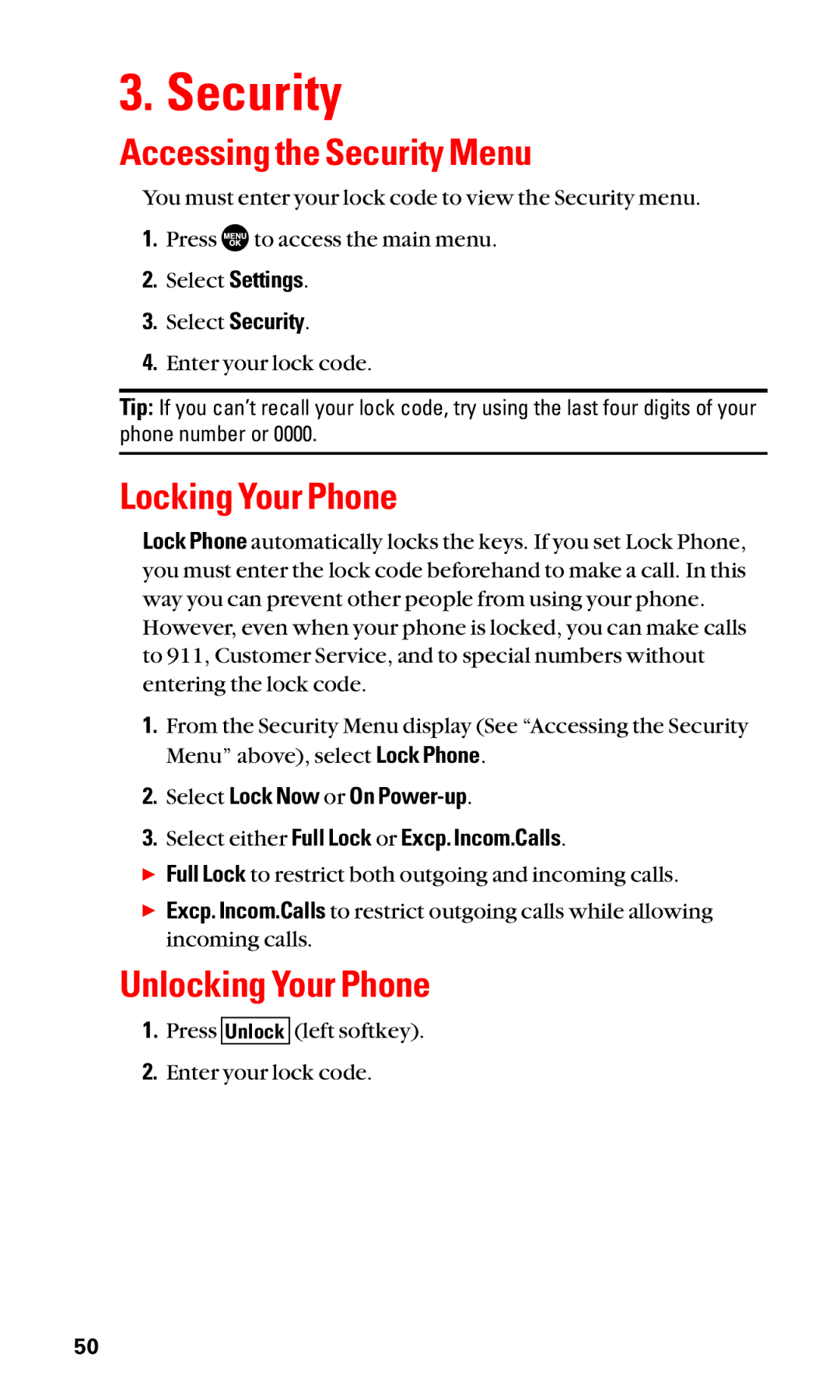 Sanyo SCP-2400 manual Accessing the Security Menu, Locking Your Phone, Unlocking Your Phone 