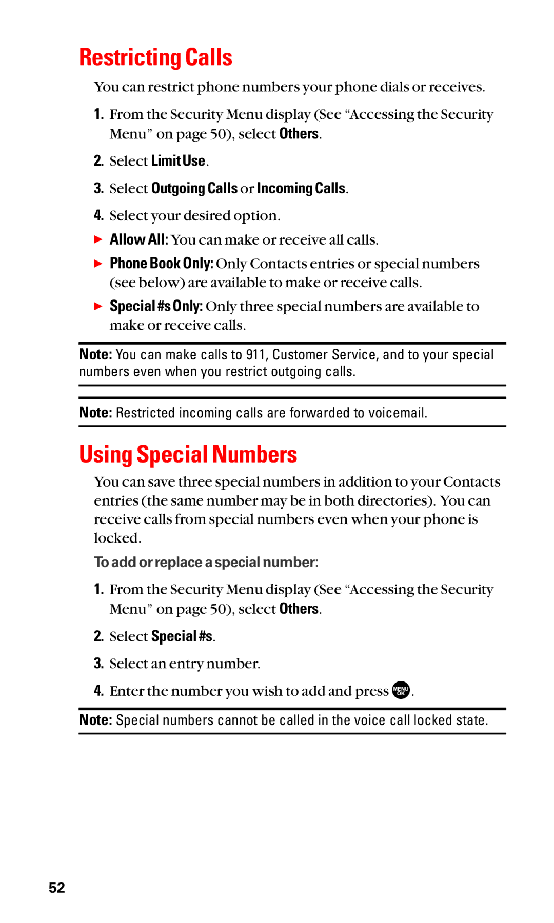 Sanyo SCP-2400 manual Restricting Calls, Using Special Numbers, Select Limit Use Select Outgoing Calls or Incoming Calls 