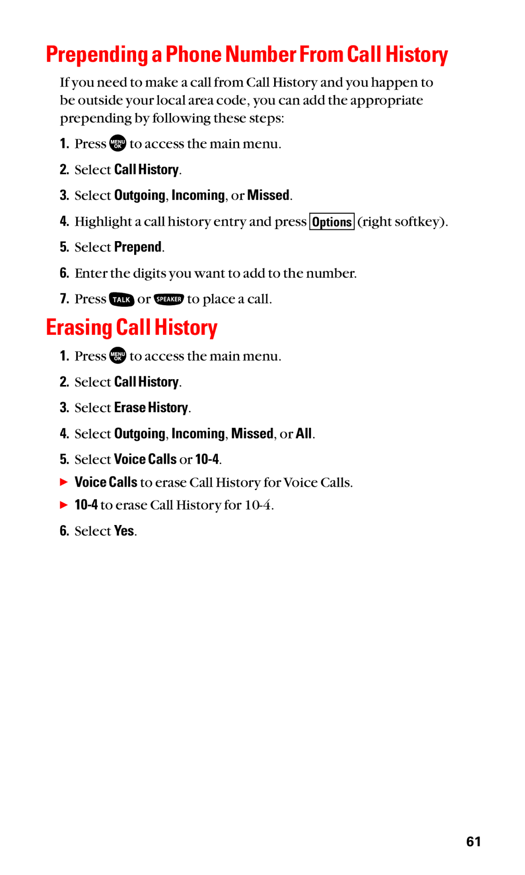 Sanyo SCP-2400 manual Erasing Call History, Prepending a Phone Number From Call History 