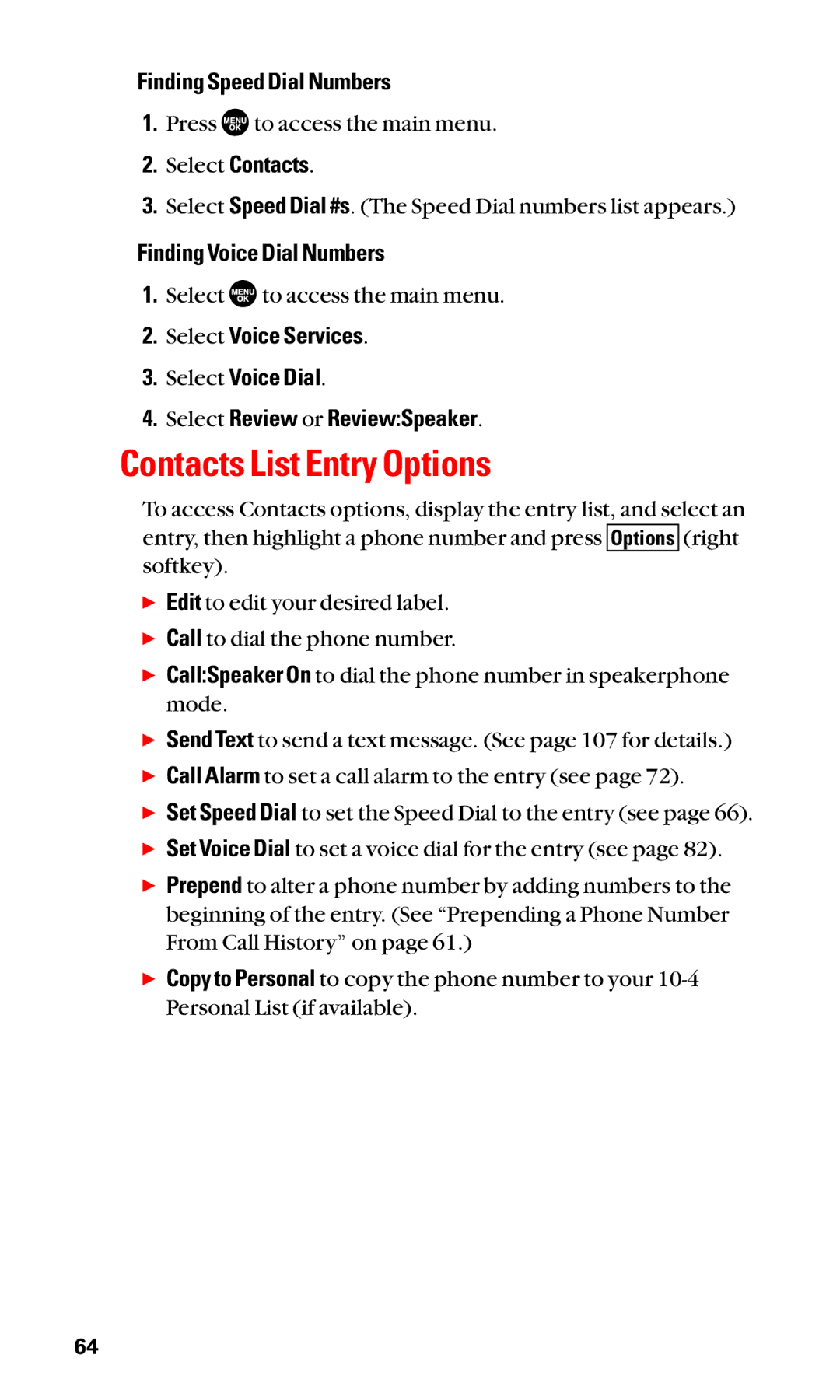 Sanyo SCP-2400 manual Contacts List Entry Options, Finding Speed Dial Numbers, Finding Voice Dial Numbers 