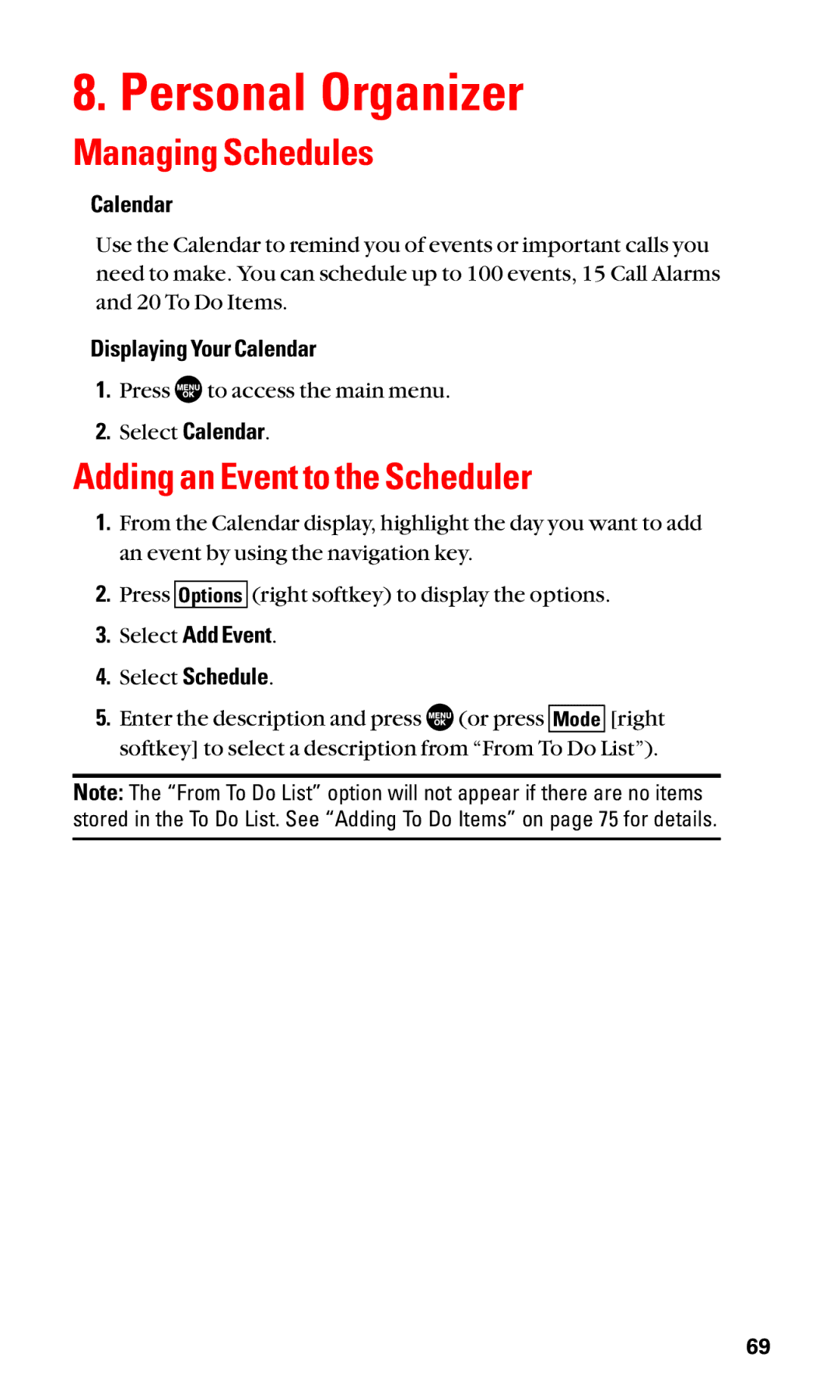 Sanyo SCP-2400 manual Personal Organizer, Managing Schedules, Adding an Event to the Scheduler, Displaying Your Calendar 