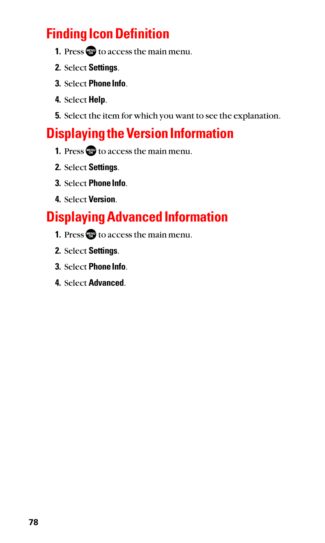 Sanyo SCP-2400 manual Finding Icon Definition, Displaying the Version Information, Displaying Advanced Information 