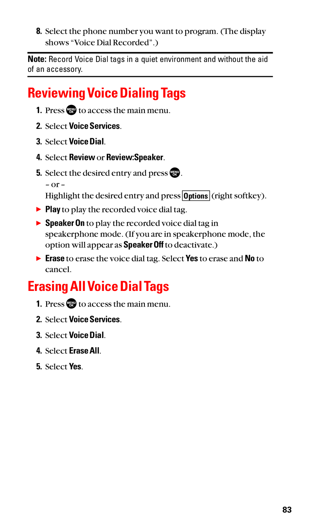 Sanyo SCP-2400 manual Reviewing Voice Dialing Tags, Erasing All Voice Dial Tags 