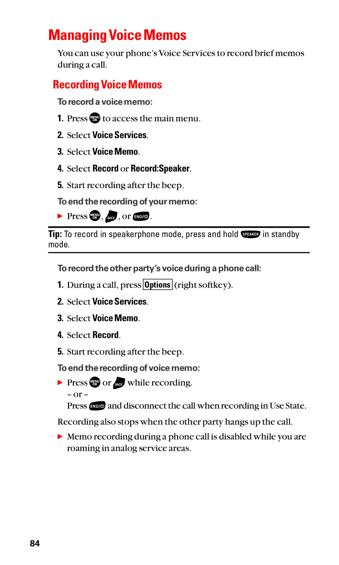 Sanyo SCP-2400 manual Managing Voice Memos, Recording Voice Memos, Select Voice Services Select Voice Memo 