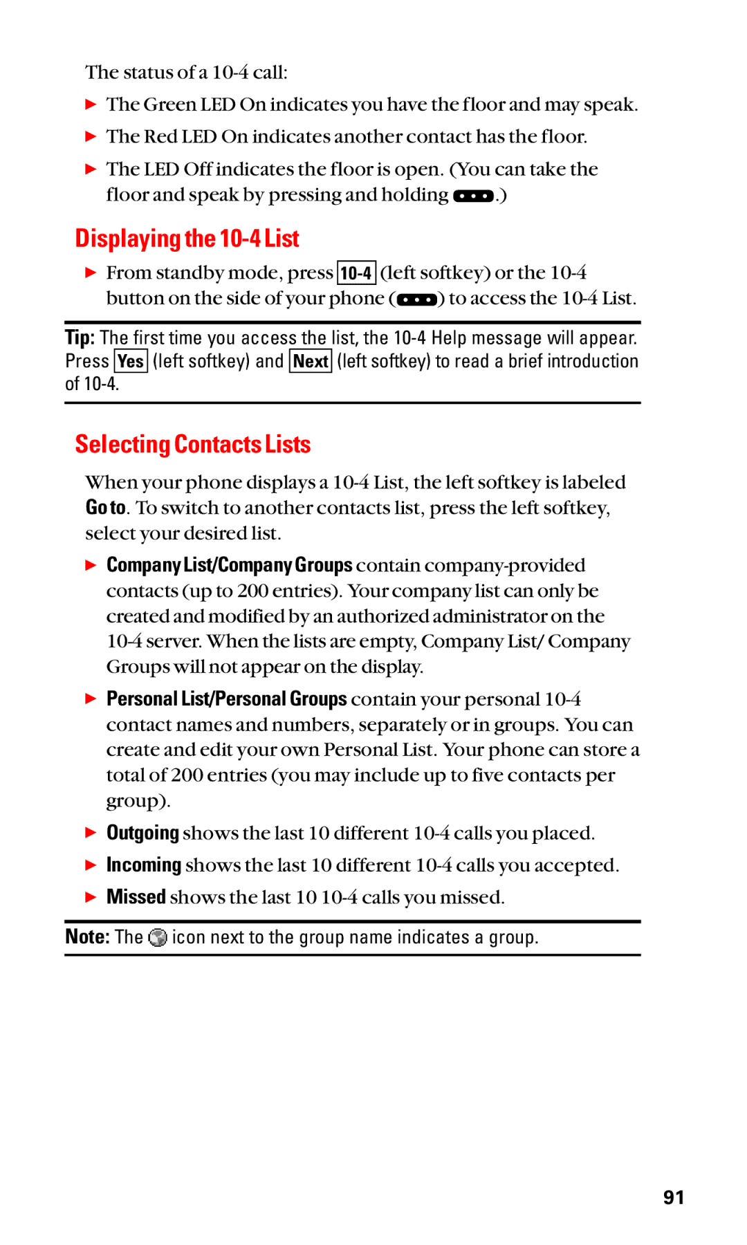 Sanyo SCP-2400 manual Displaying the 10-4 List, Selecting Contacts Lists 