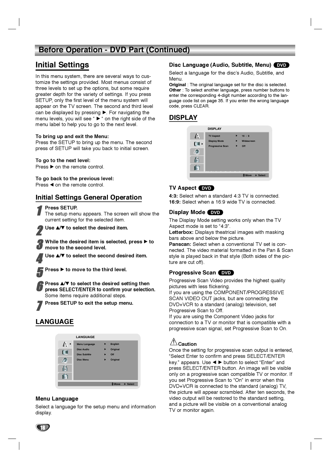 Sanyo SCP-2700 instruction manual Before Operation DVD Part Initial Settings, Initial Settings General Operation 