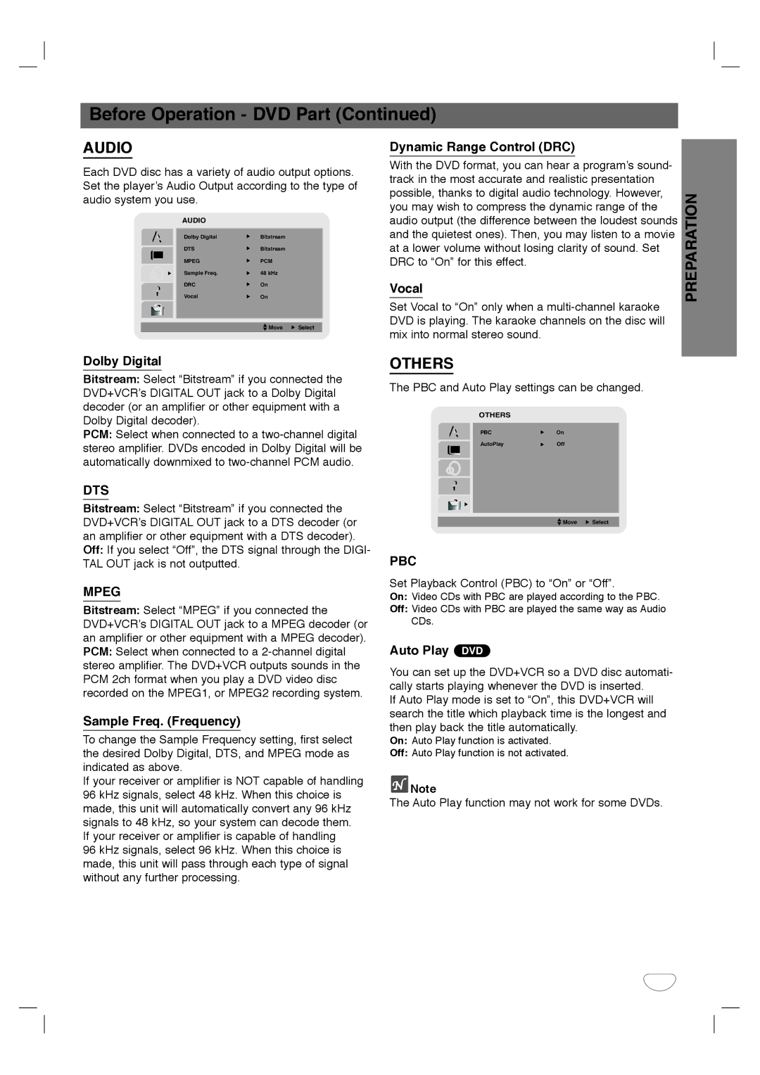 Sanyo SCP-2700 instruction manual Dolby Digital, Sample Freq. Frequency, Dynamic Range Control DRC, Vocal, Auto Play DVD 