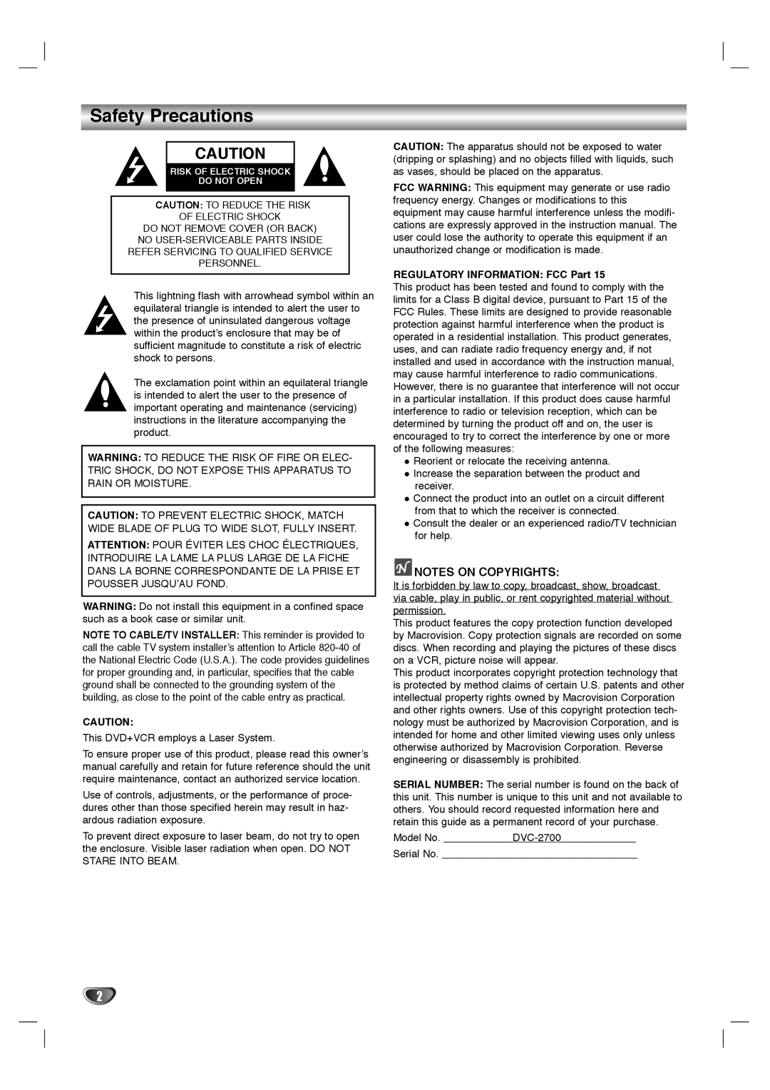 Sanyo SCP-2700 instruction manual Safety Precautions, Regulatory Information FCC Part 