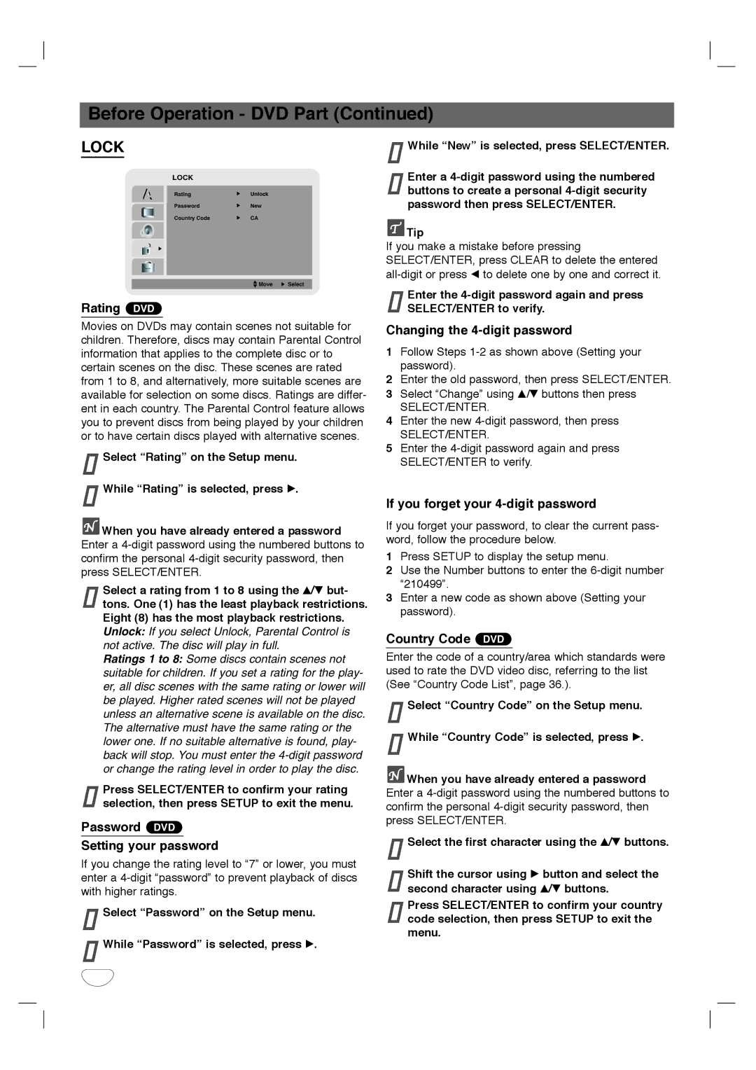 Sanyo SCP-2700 Rating DVD, Password DVD Setting your password, Changing the 4-digit password, Country Code DVD 