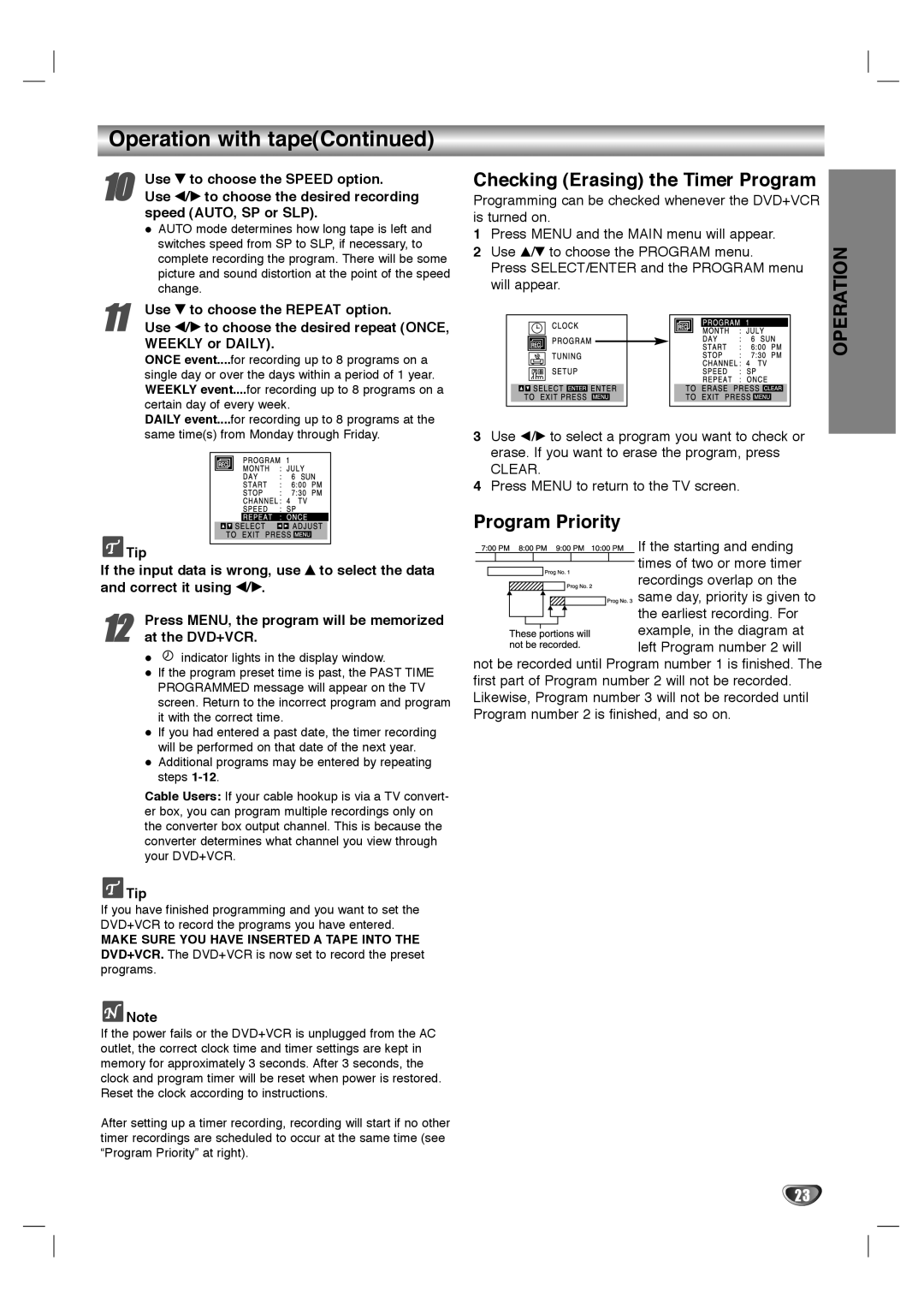 Sanyo SCP-2700 instruction manual Operation with tape, Checking Erasing the Timer Program, Program Priority 