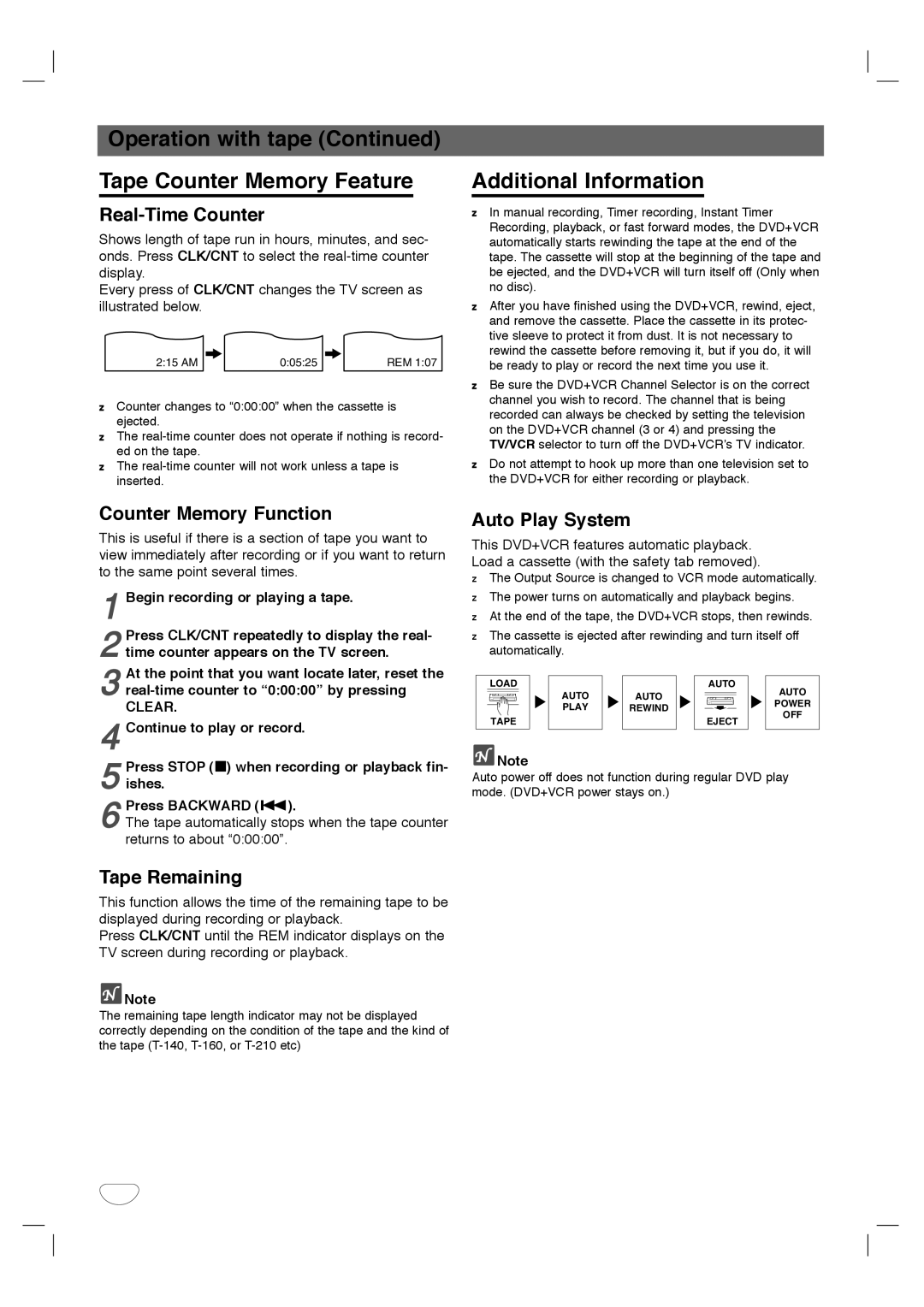 Sanyo SCP-2700 instruction manual Operation with tape Tape Counter Memory Feature, Additional Information 