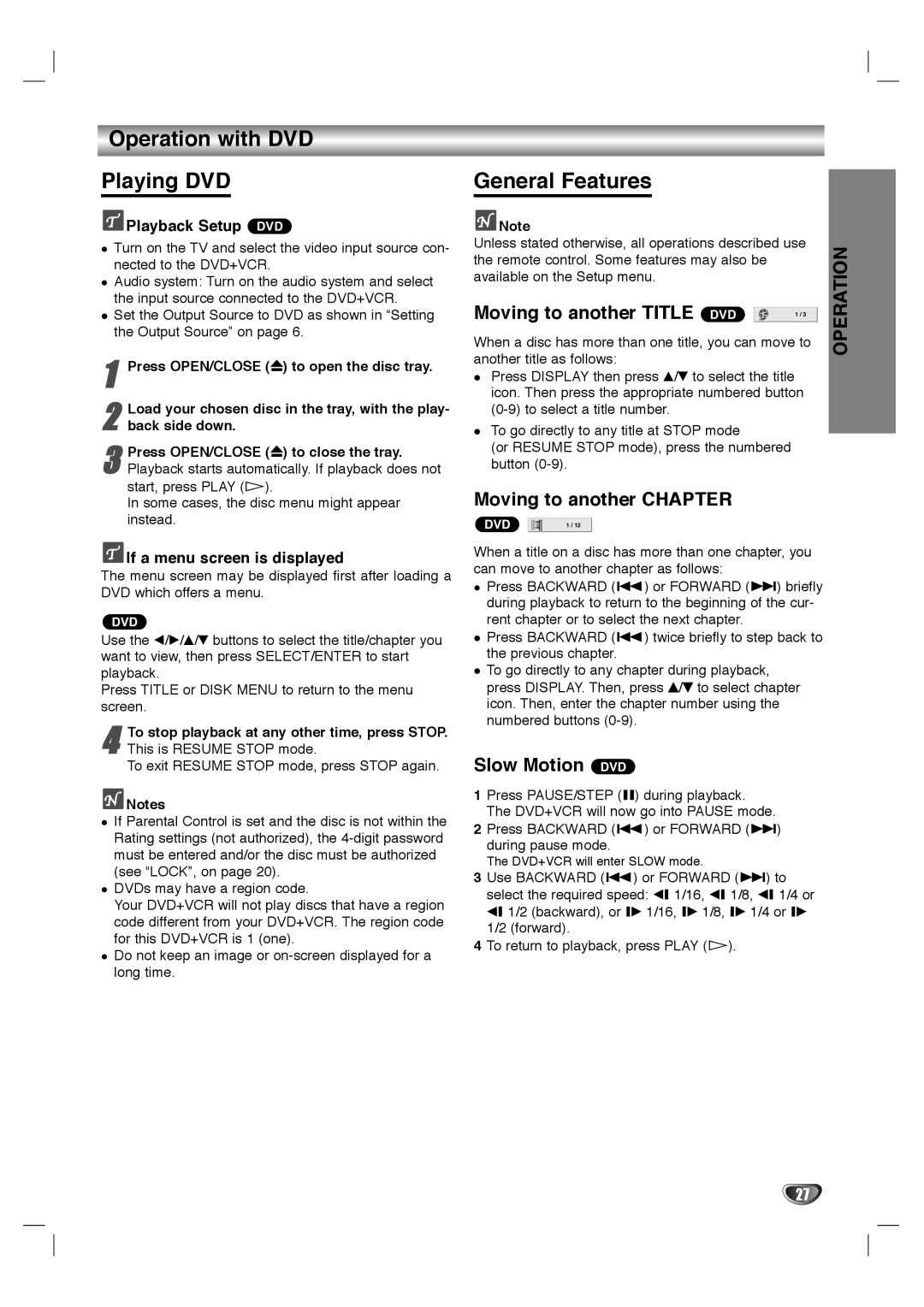 Sanyo SCP-2700 Operation with DVD Playing DVD, General Features, Moving to another Title, Moving to another Chapter 